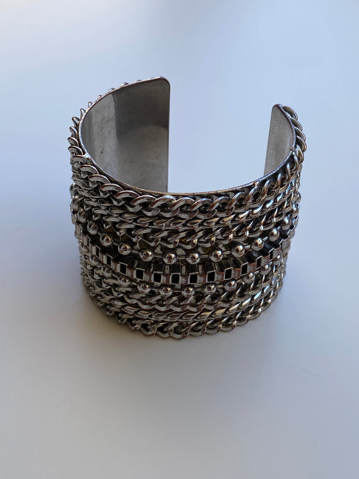 Vintage 90s/Y2K Cookie Lee Silver-Tone Mixed Chain Wide Statement Cuff Bracelet
