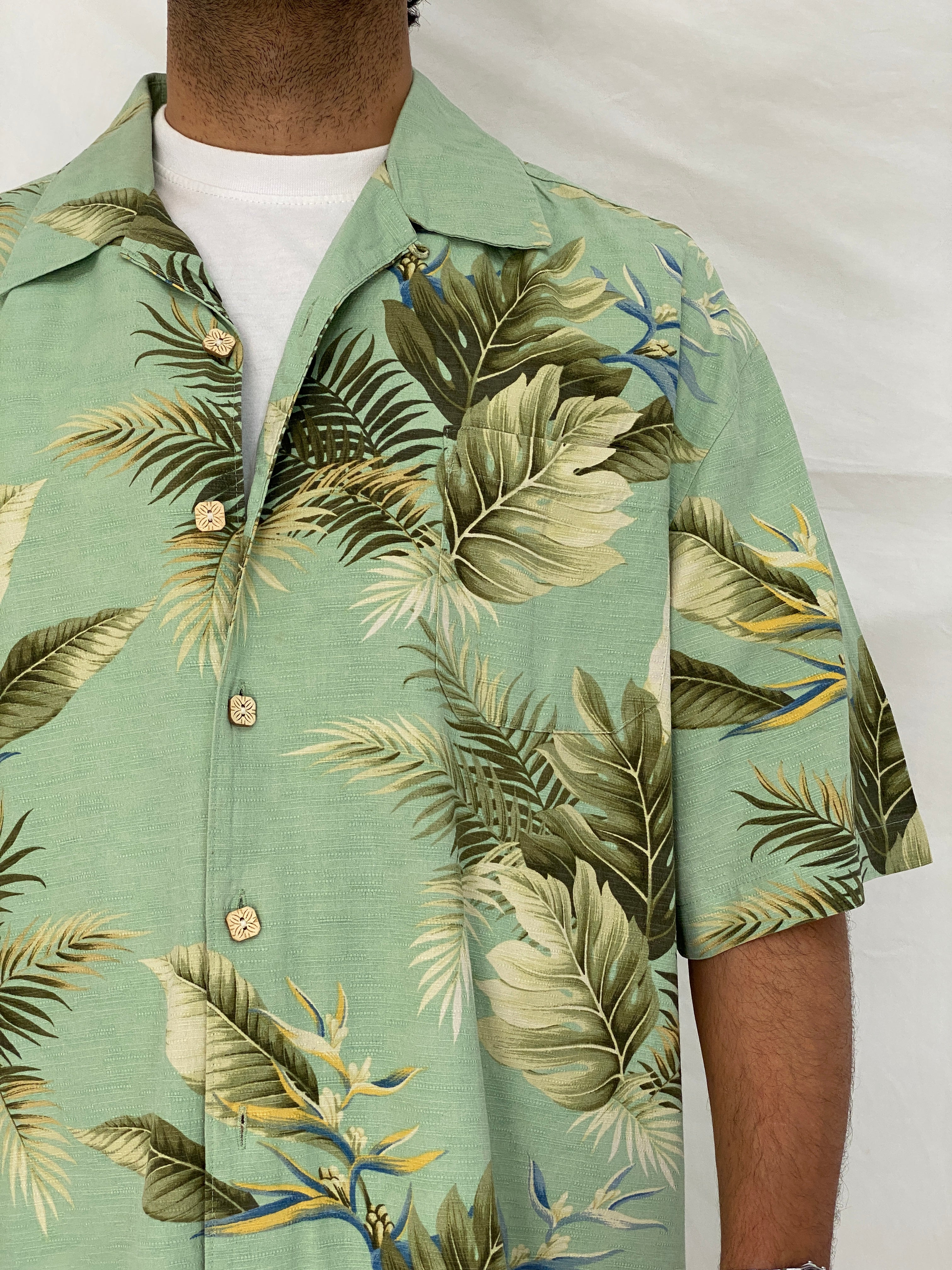 Vintage Jamaica Jaxx Tropical Leaf Silk Mint Green Hawaiian Shirt – XL
