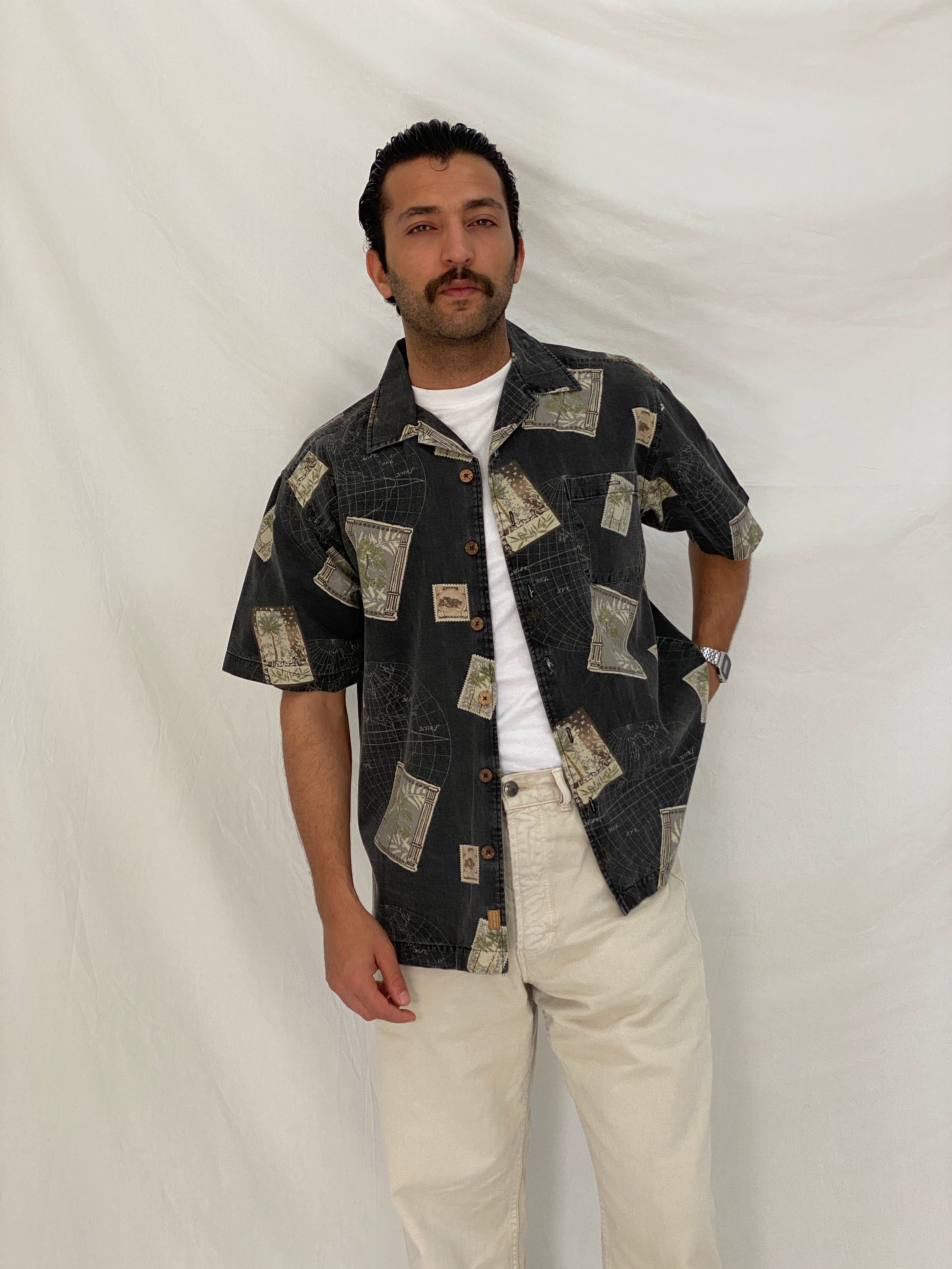 Vintage Joe Marlin Tropical Postcard Print Cotton Rayon Camp Shirt – M