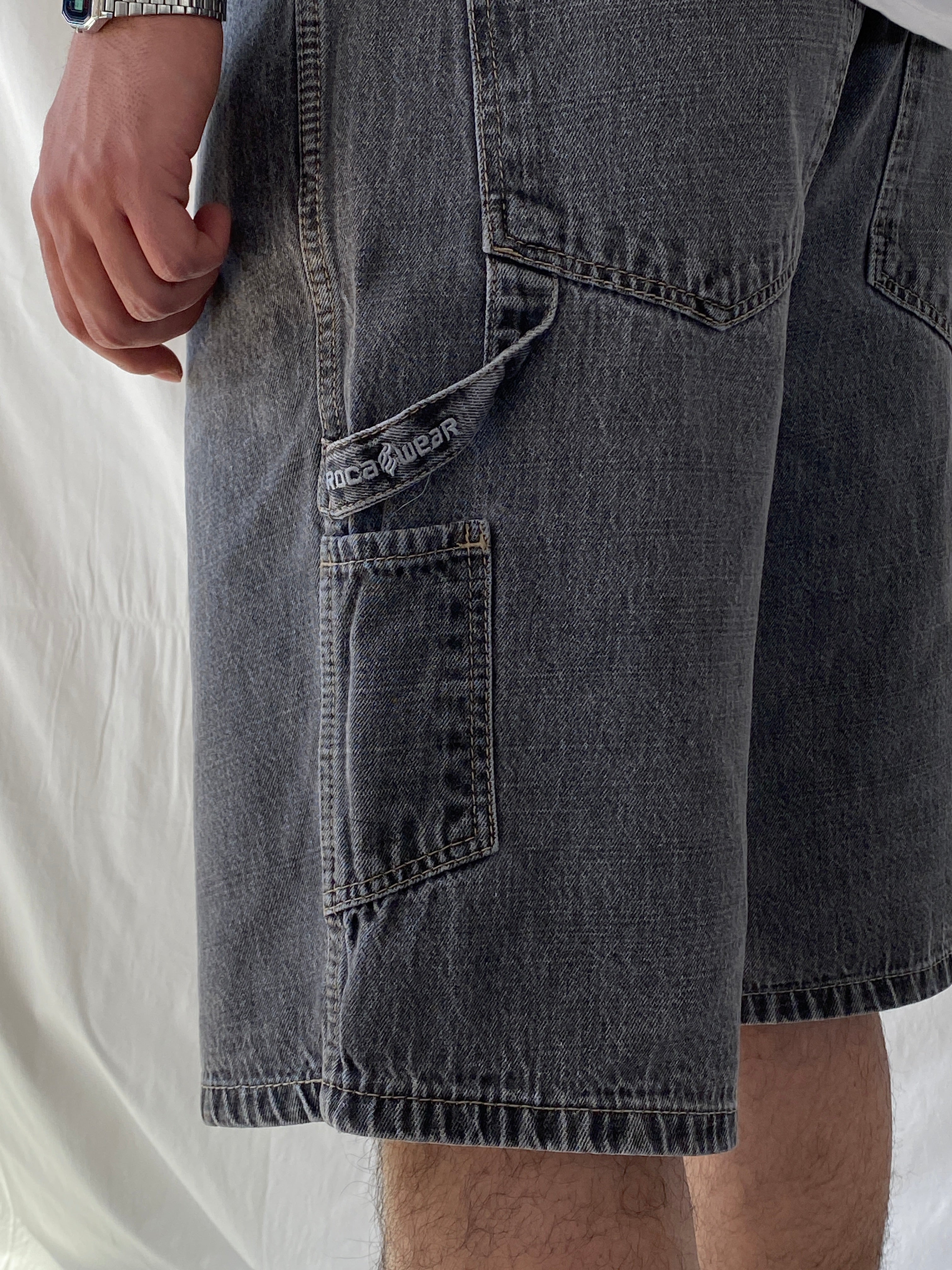 Y2K ROCAWEAR Washed Black Denim Shorts Streetwear Utility Gray Hip Hop Jorts