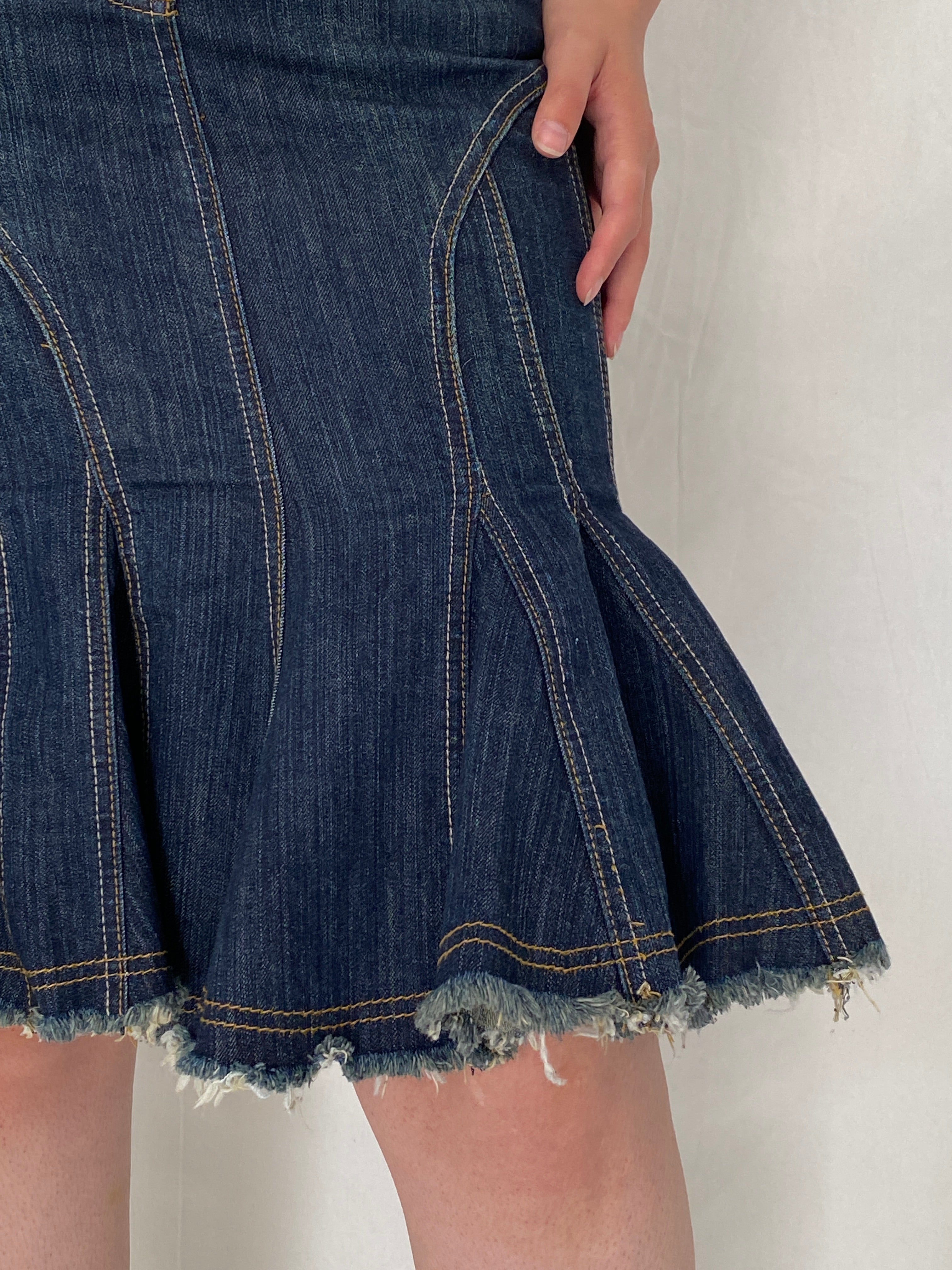 Y2K Jennyfer Dark Wash Ruffle Hem Denim Low Rise Flared Midi Skirt – S