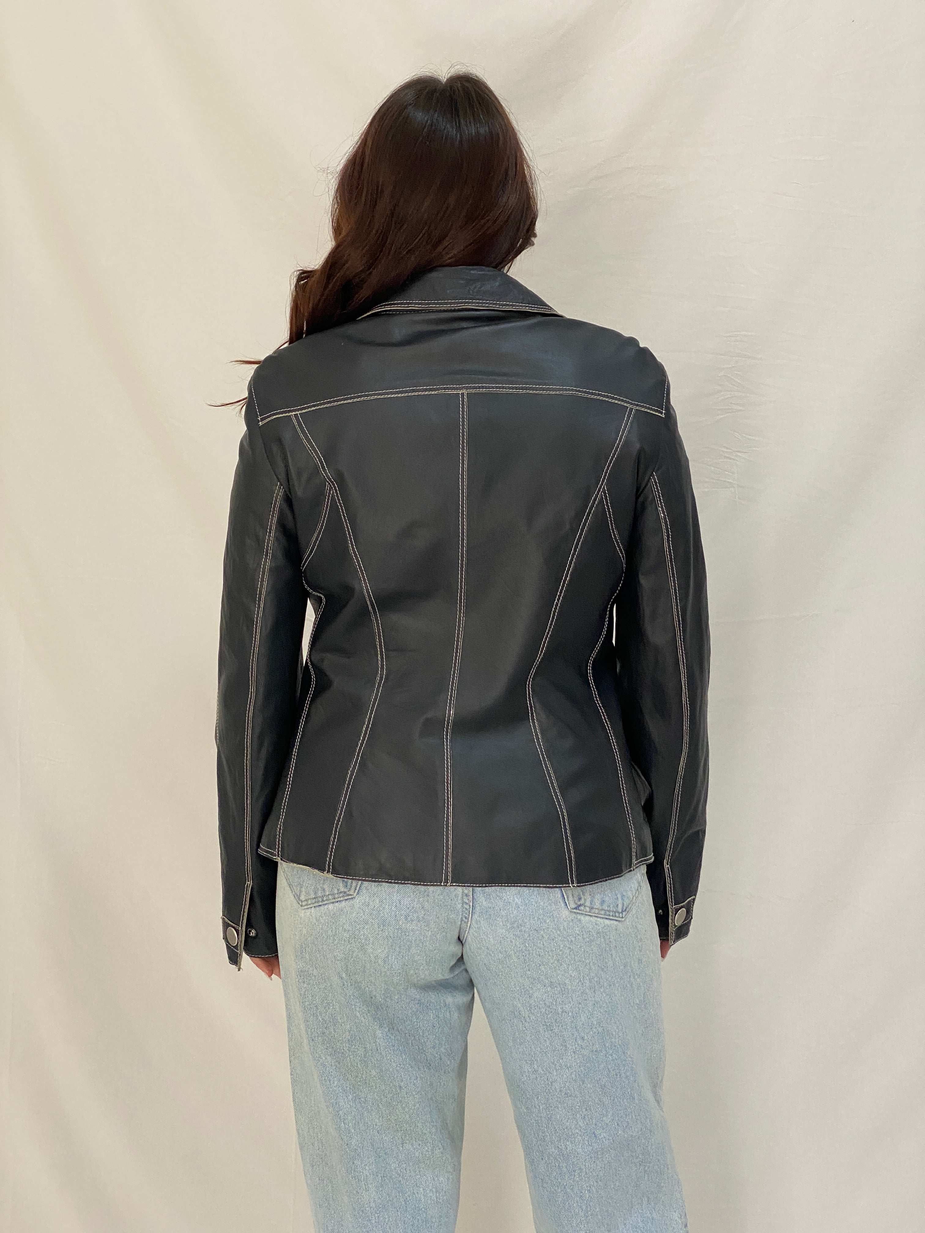 Vintage Betty Barclay Genuine Leather Jacket Dark Navy Contrast Stitch Blazer Style - L