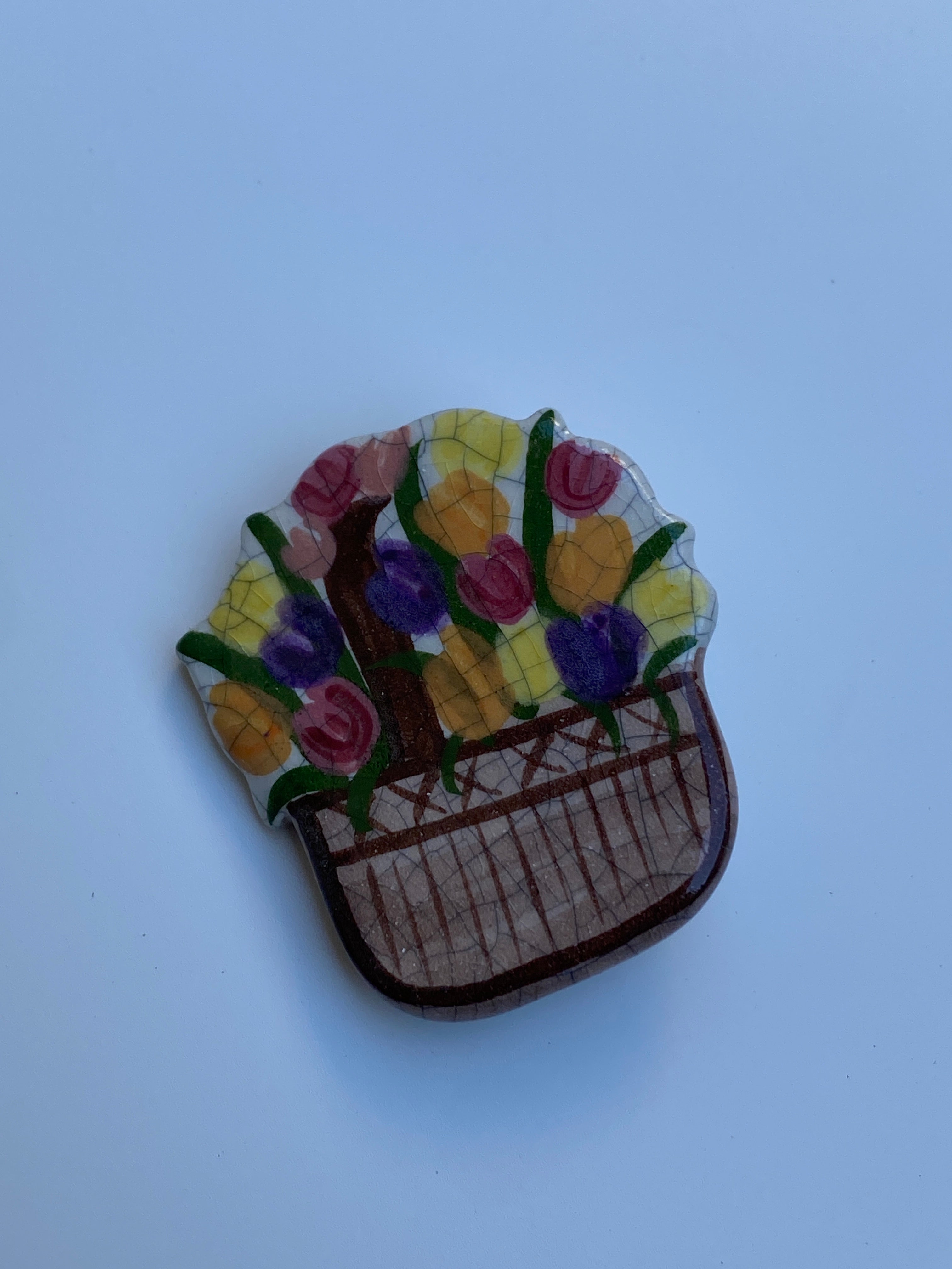 Vintage Hand-Painted Floral Basket Ceramic Brooch Multicolor Art Pottery Pin