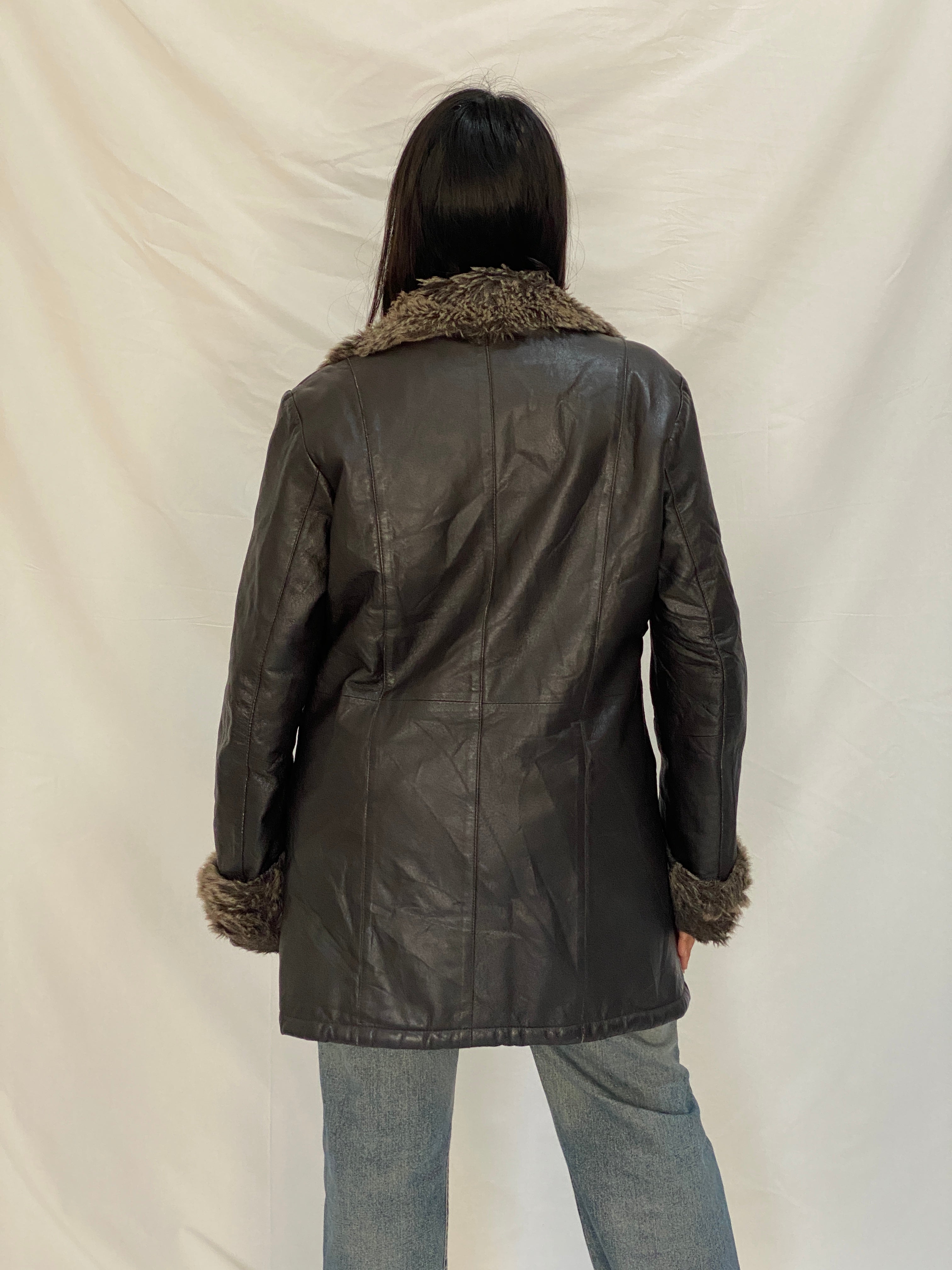 Vintage Genuine Leather Coat with Faux Fur Collar & Cuffs 70s Style Shearling Lined Brown Jacket - XL