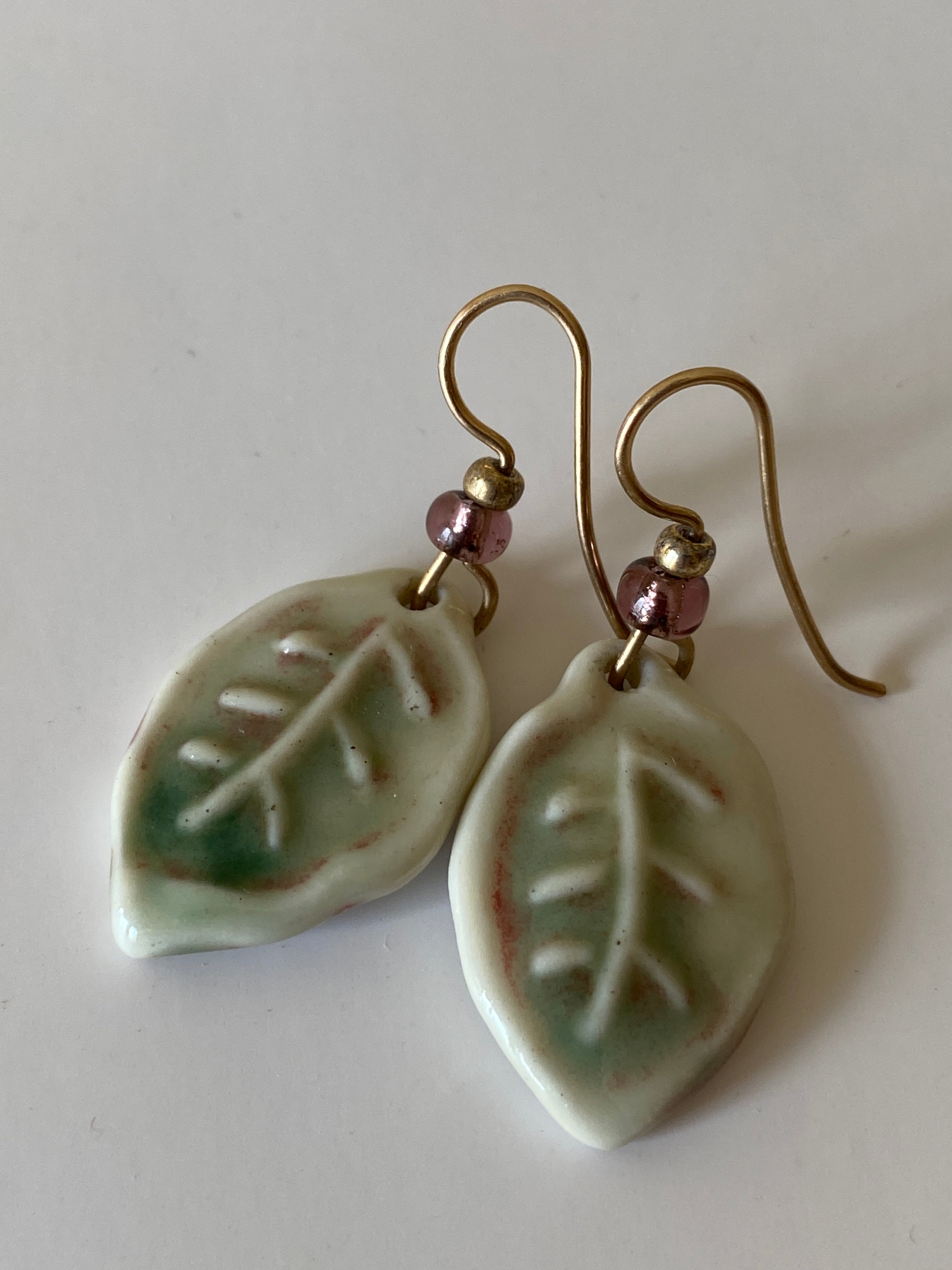 Vintage Y2K Ceramic Leaf Drop Earrings with Brass Hooks
