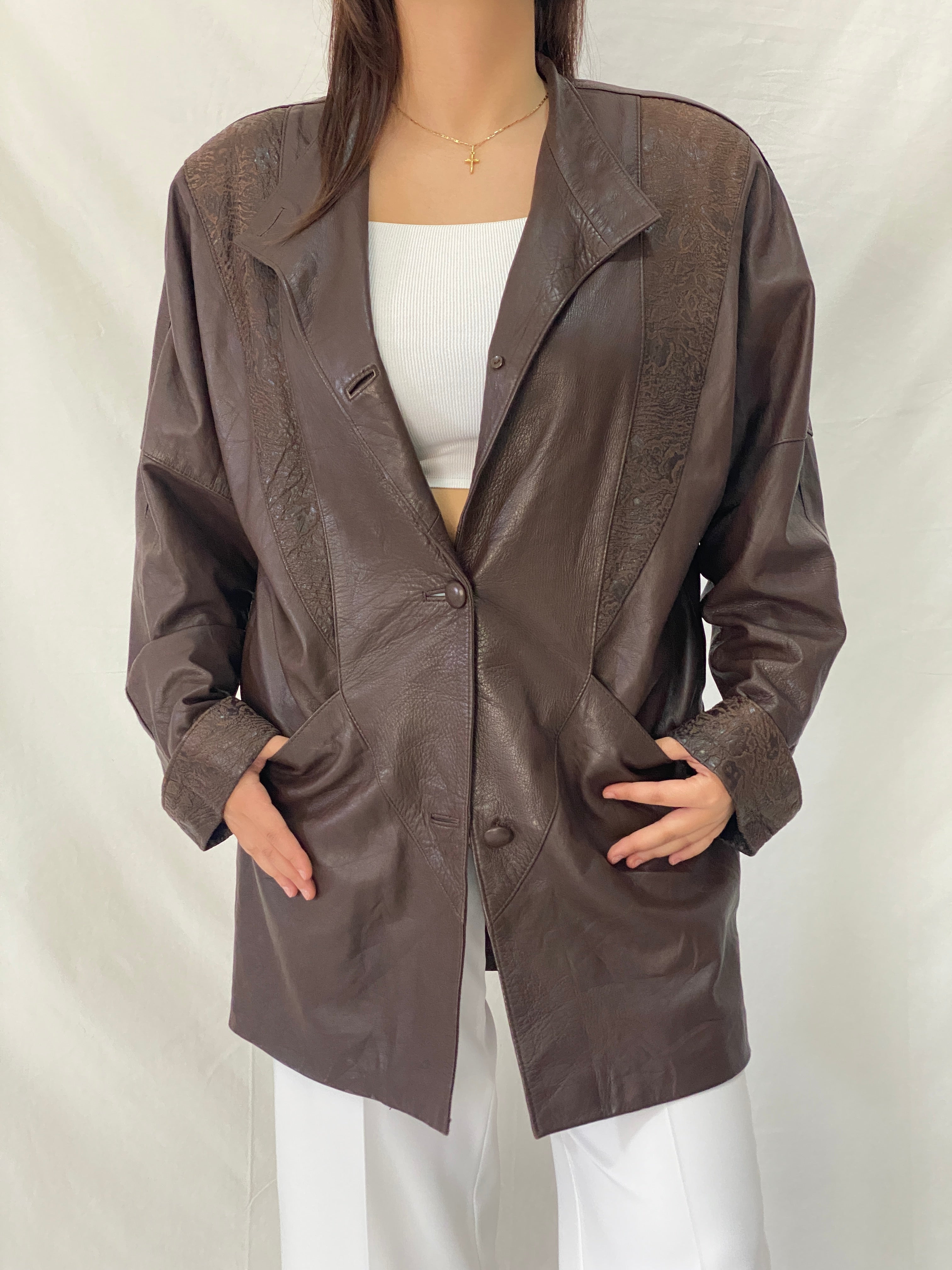 Vintage 1985 Brown Leather Blazer Coat Spanish Sheepskin Embossed Patchwork Jacket - L