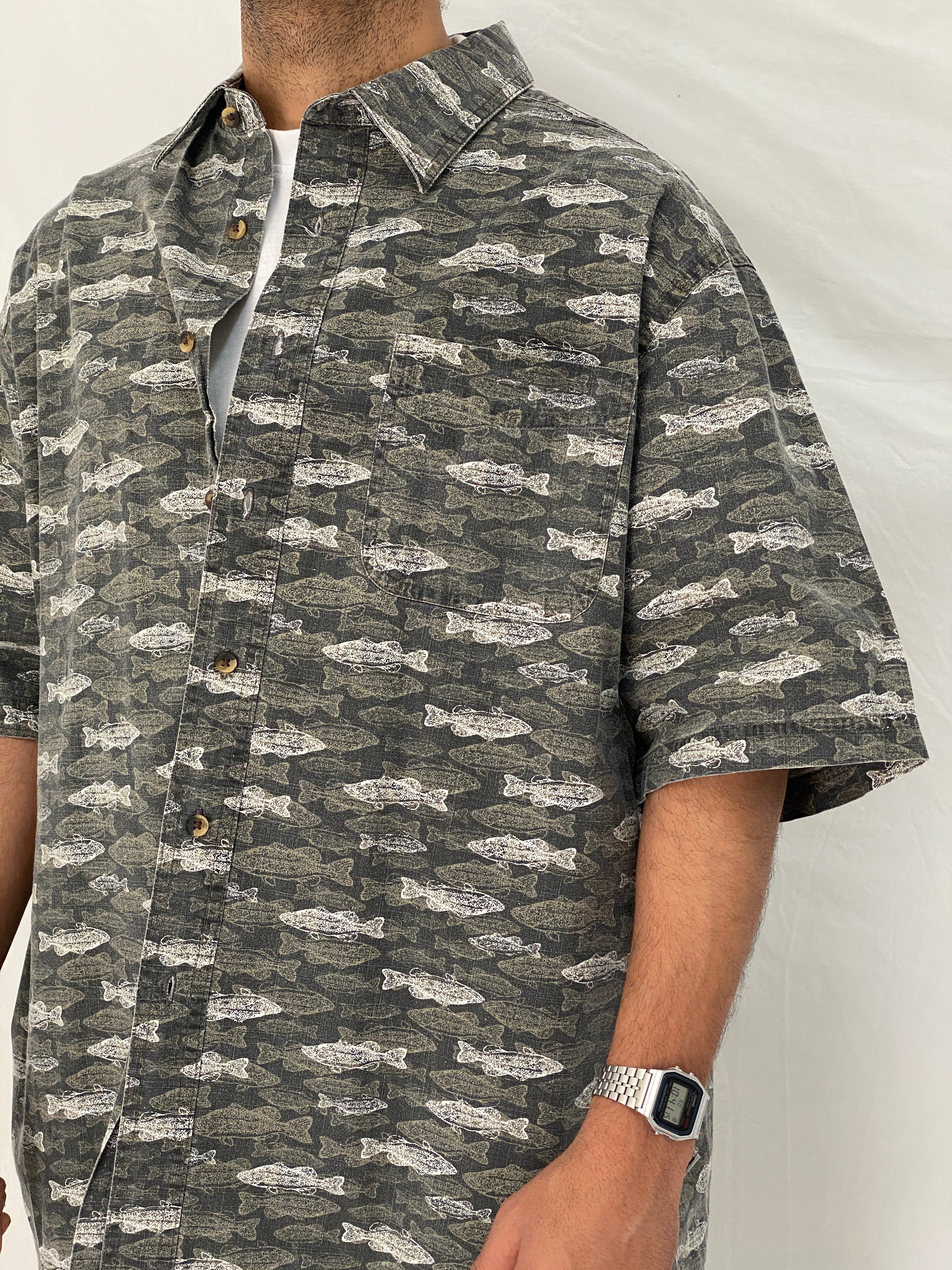 Vintage Puritan Fish Print Gray Cotton Button Up Shirt Oversized Coastal Shirt - XL