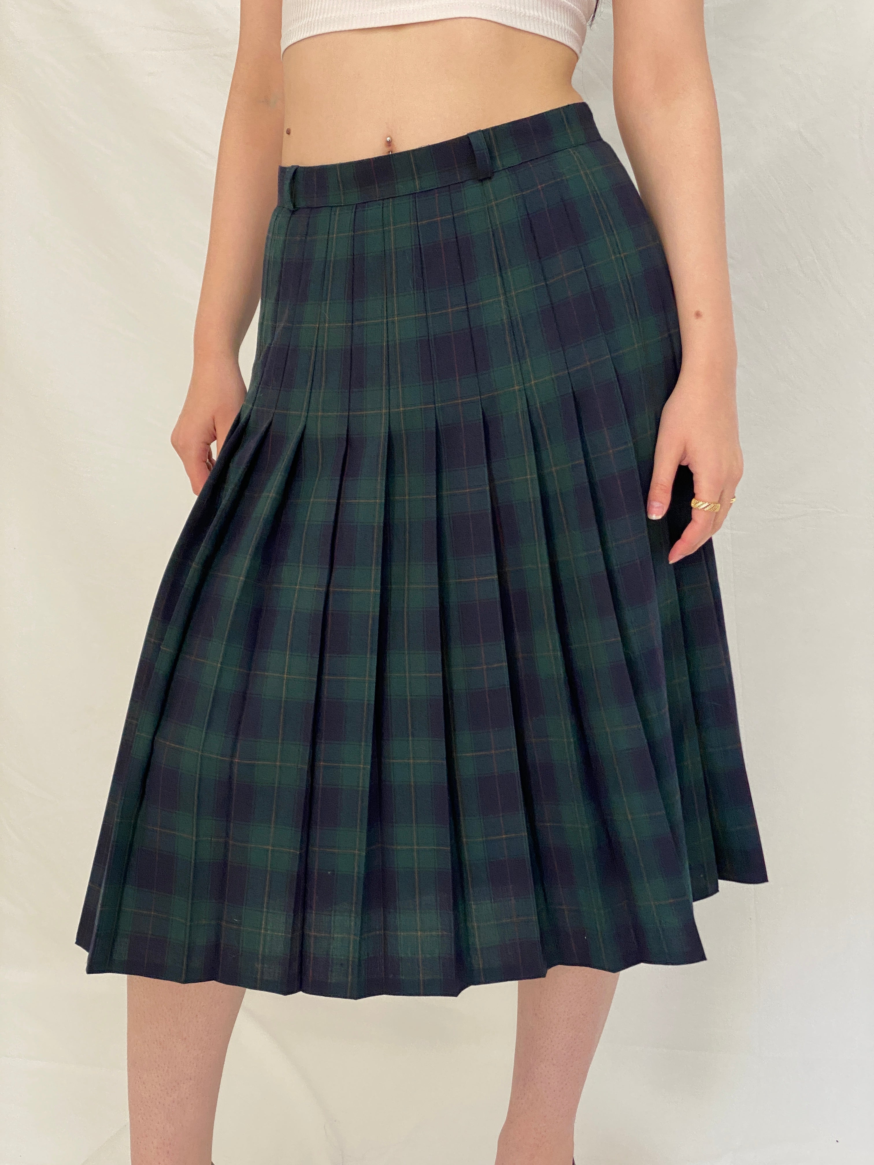 Vintage LADYS Preppy Green Plaid Tartan Clueless Pleated Midi Skirt - M