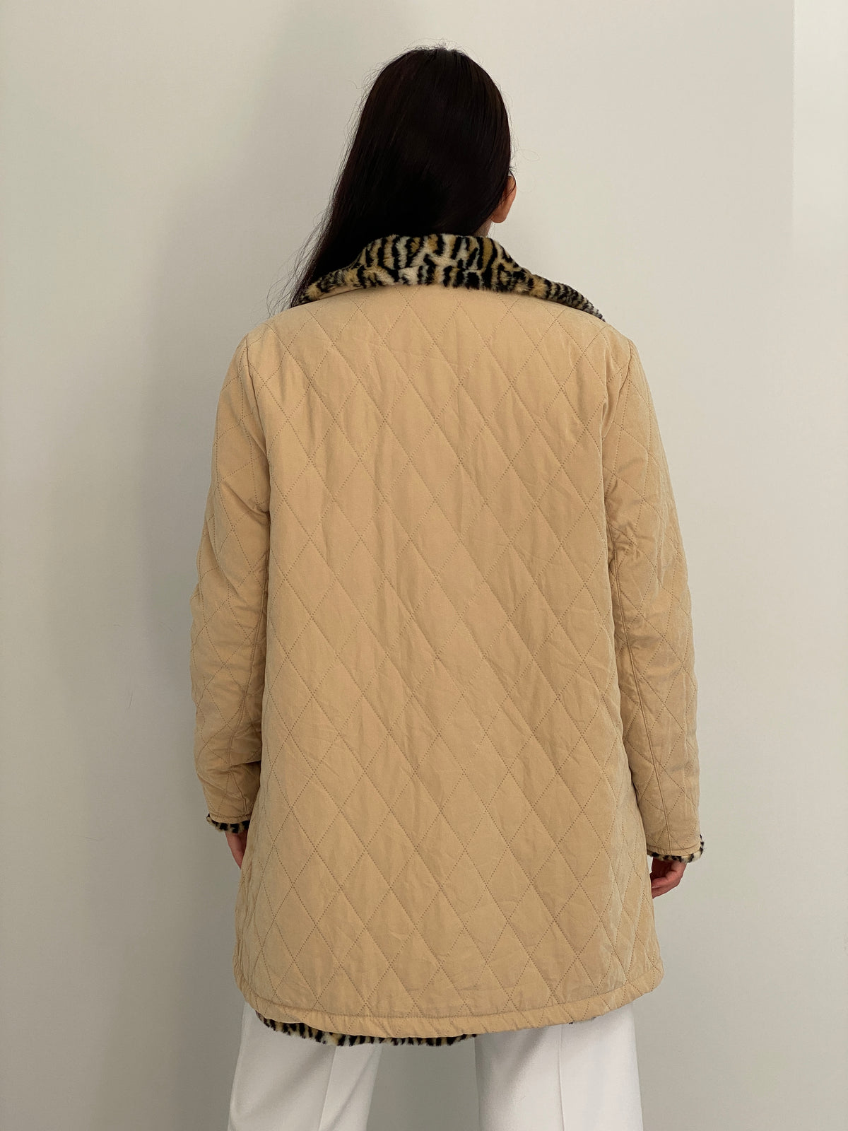 Vintage Y2K Reversible Beige Quilted Leopard Faux Fur Longline Jacket - L