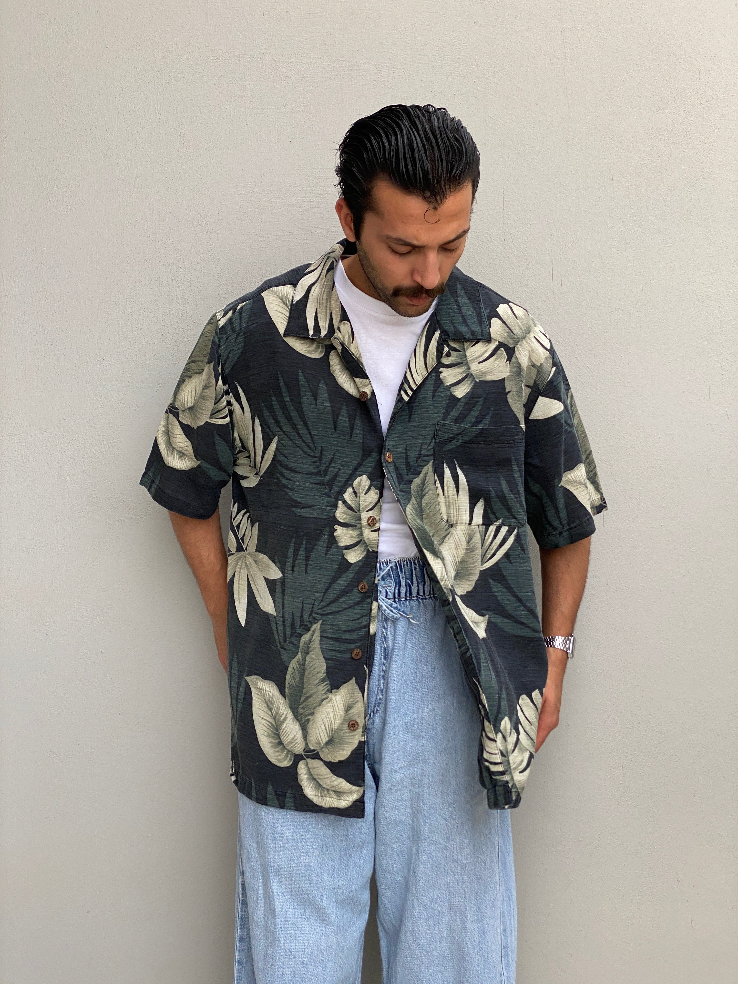 Vintage Havana Jacks Café Tropical Leaf Print Silk Hawaiian Shirt – XL