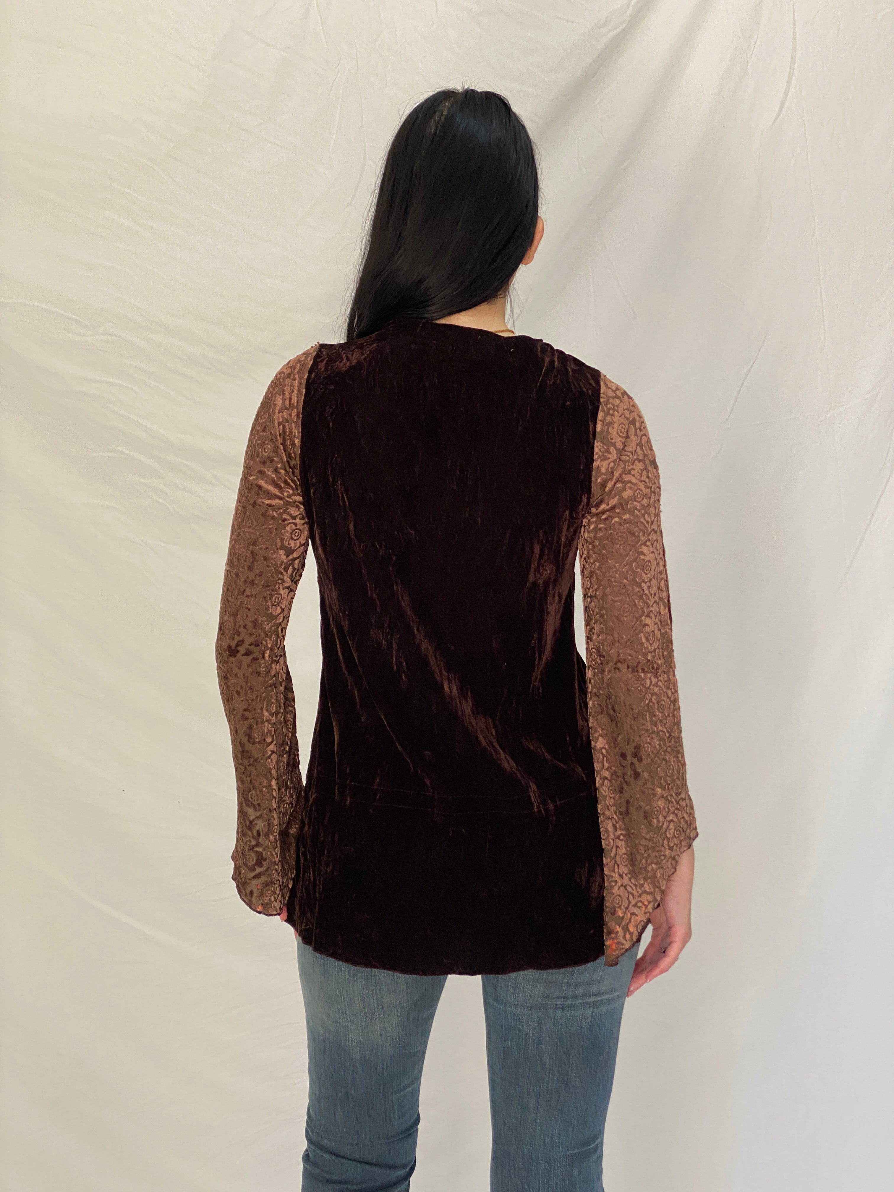 Vintage Y2K Xcepsion Brown Velvet Lace Boho Top with Bell Sleeves - M