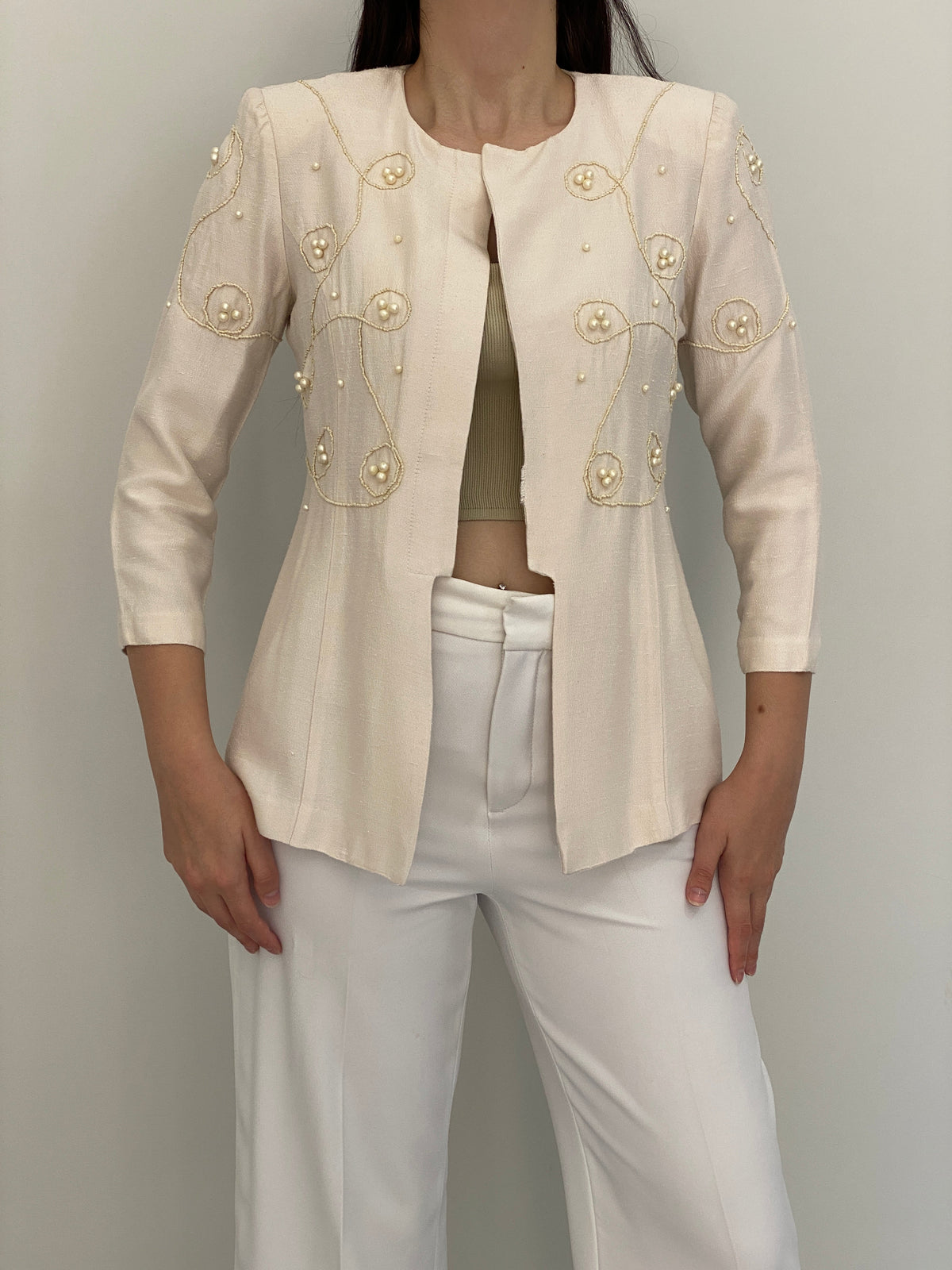 Vintage 90s Leslie Fay Petite Ivory Pearl Beaded Embroidered Blazer – M