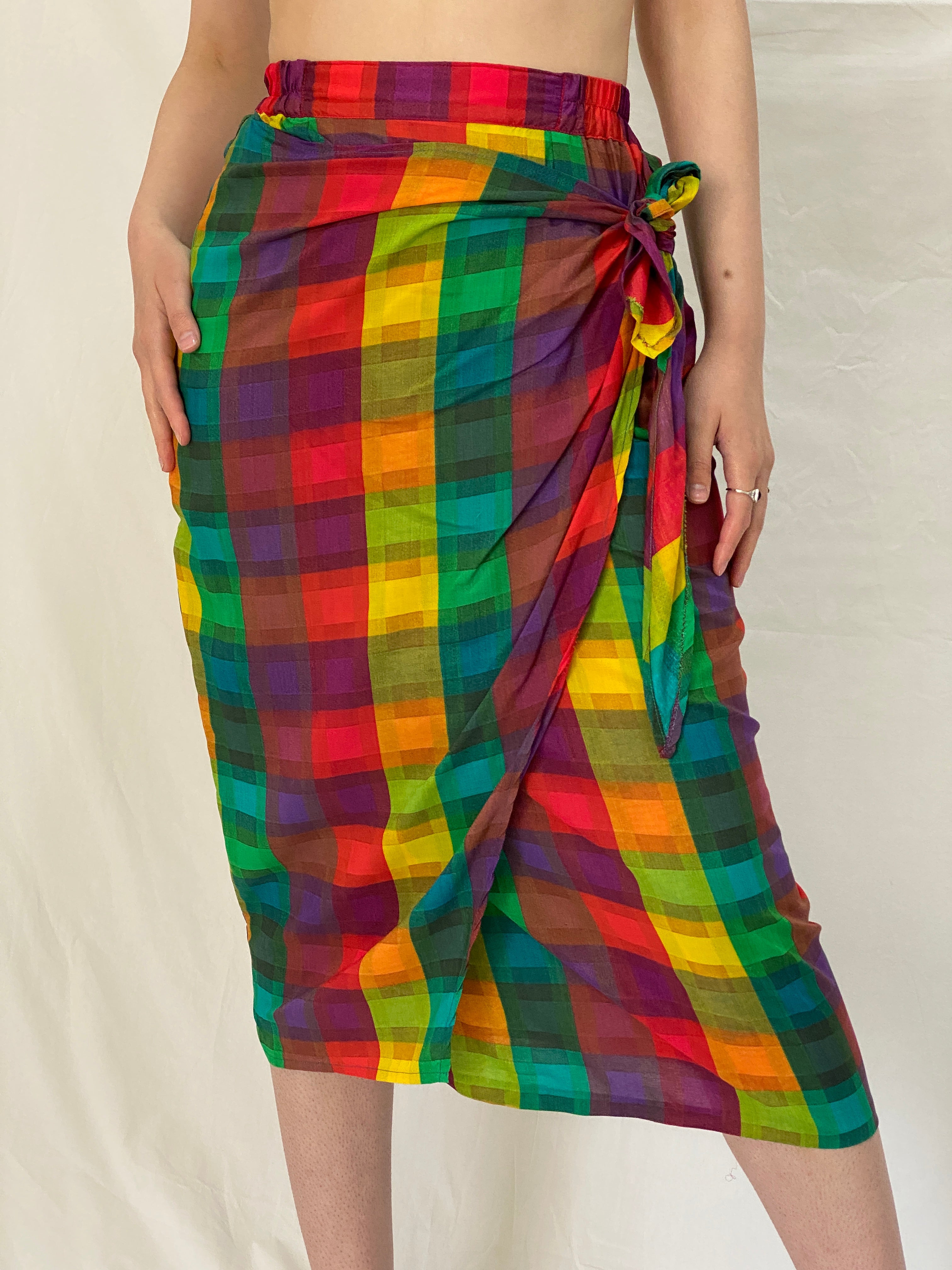 Vintage Y2K Handmade Rainbow Plaid Wrap Midi Skirt - S