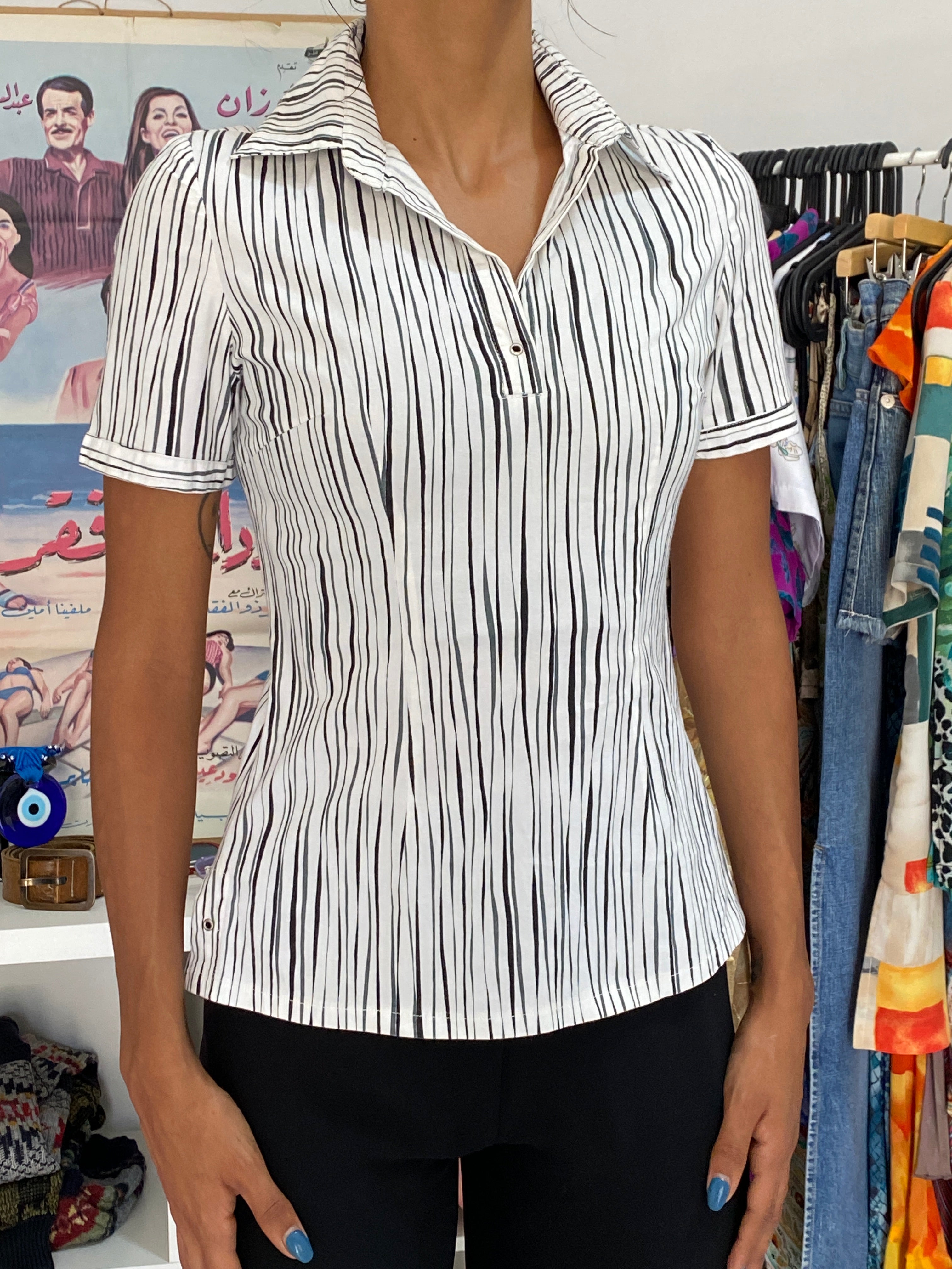 Vintage 90s GEM Fashion White Striped Cotton Stretch Fitted Collared Top - S