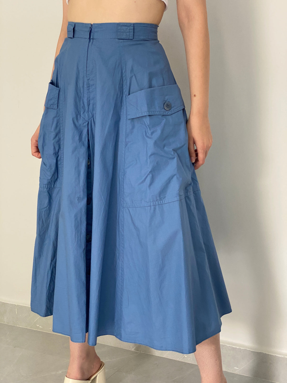 Vintage L’Estelle Dusty Blue High-Waisted A-Line Utility Cargo Midi Skirt - 36EUR