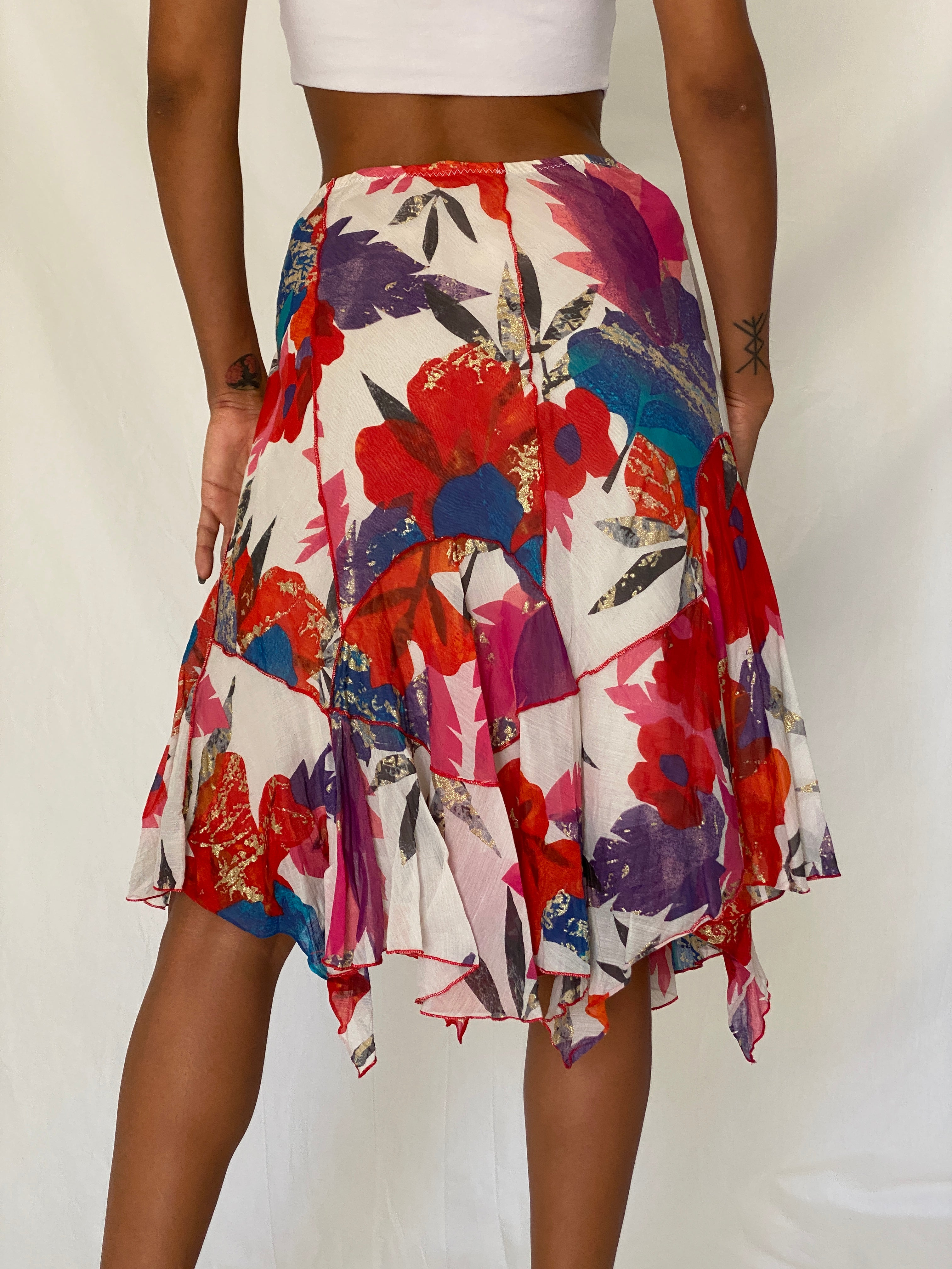 Vintage Y2K Didier Parakian Multicolor Silk Cotton Floral Asymmetric Boho Midi Skirt - M