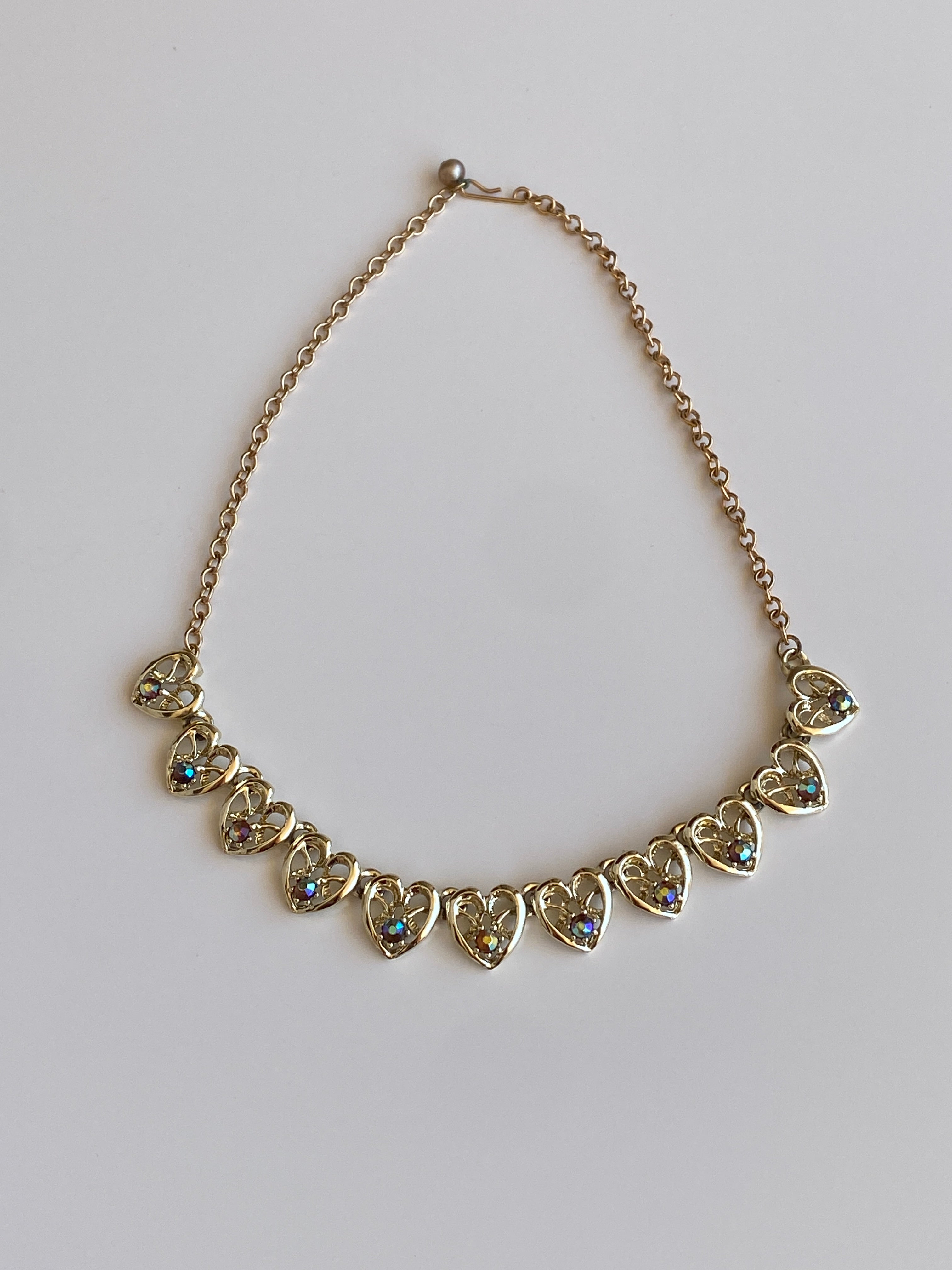Vintage Gold-Tone Open Heart Motifs Rhinestone Chain Necklace