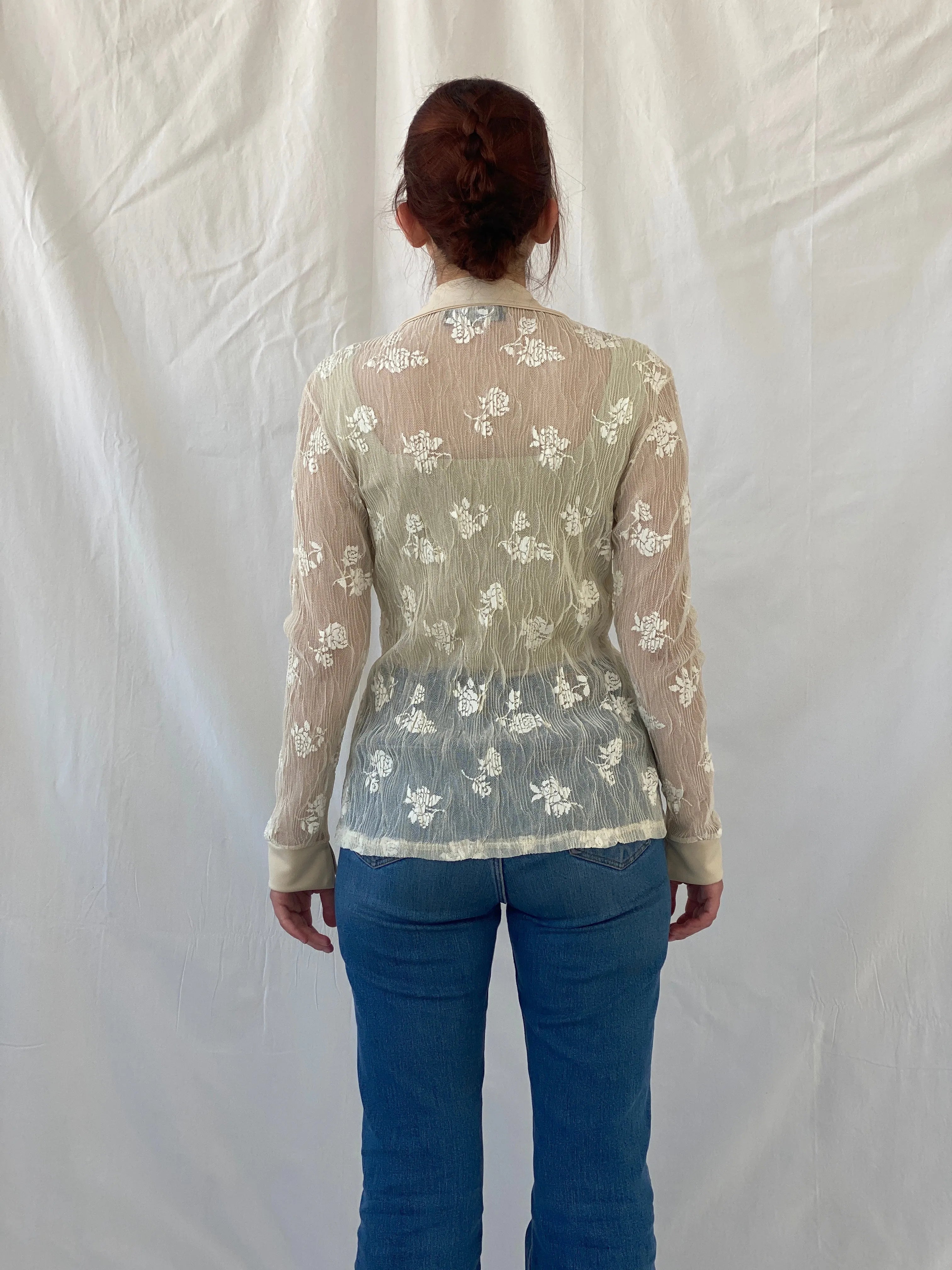 Vintage R&B Rebecca Blu Beige Floral Mesh Cardigan Shirt - M