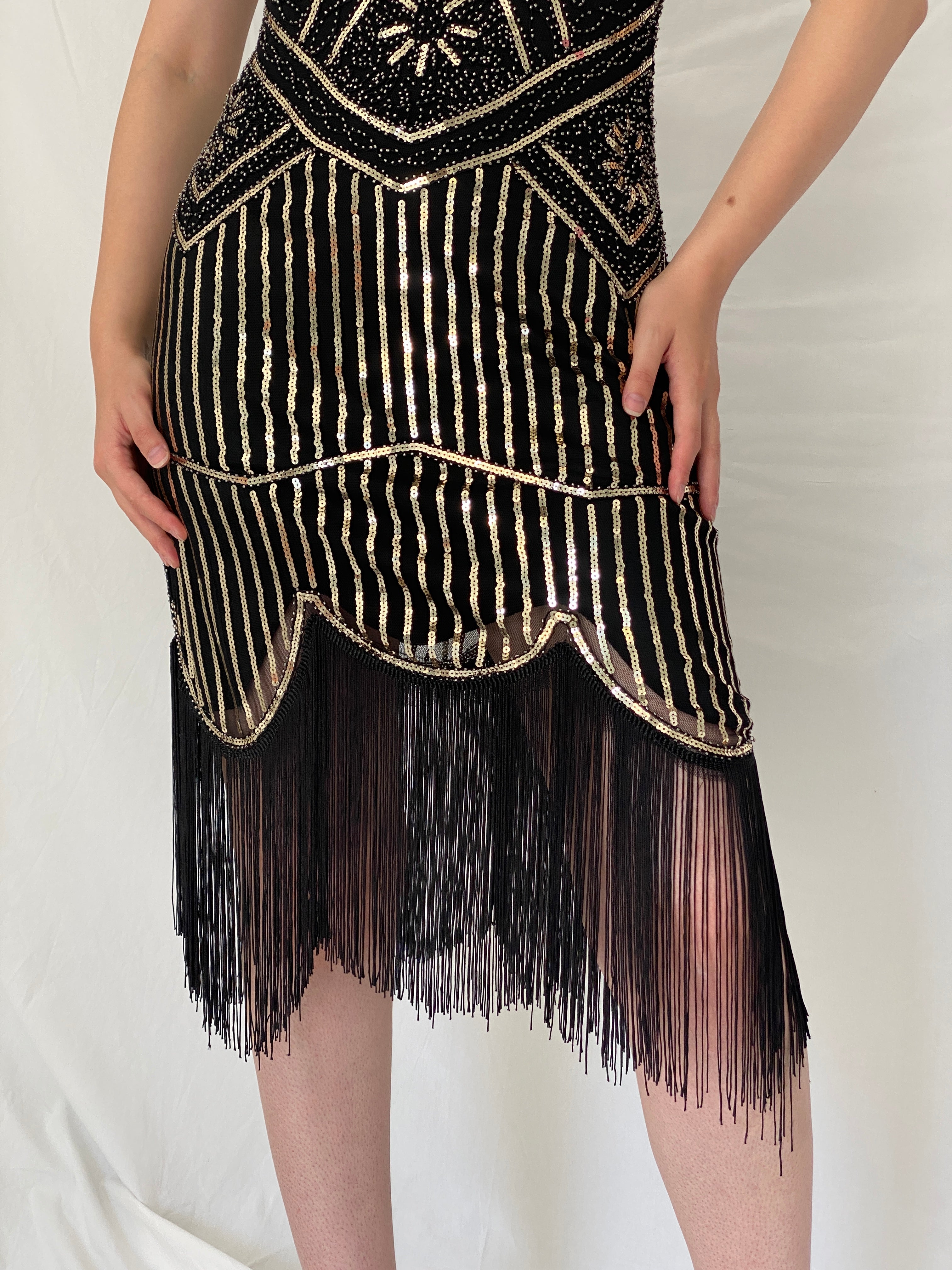 Vintage Art Deco Gatsby Black & Gold Sequin Fringe Cocktail Dress – S