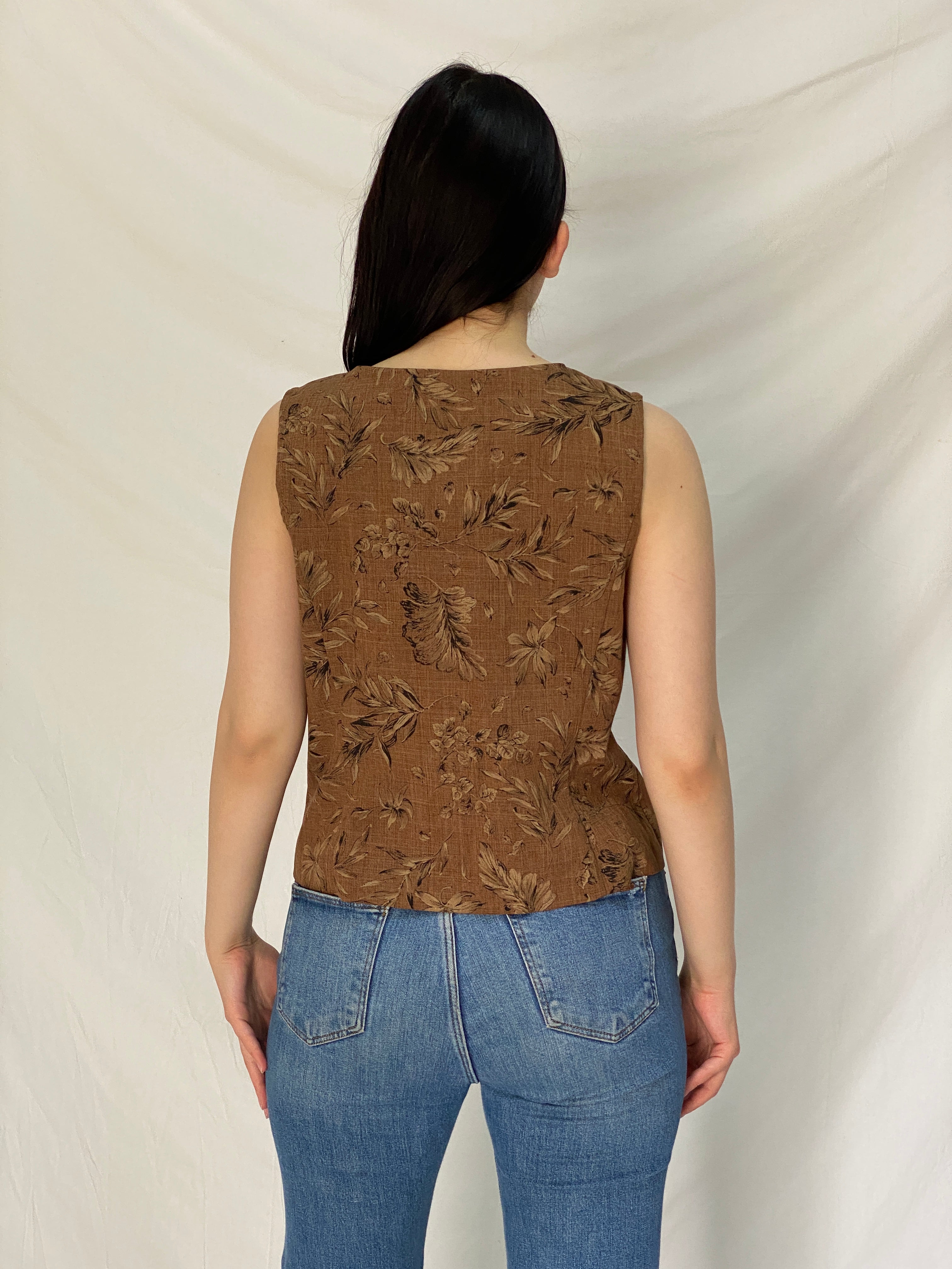 Vintage 90s SAG HARBOR Brown Floral Sleeveless Top Cottagecore Vest – L
