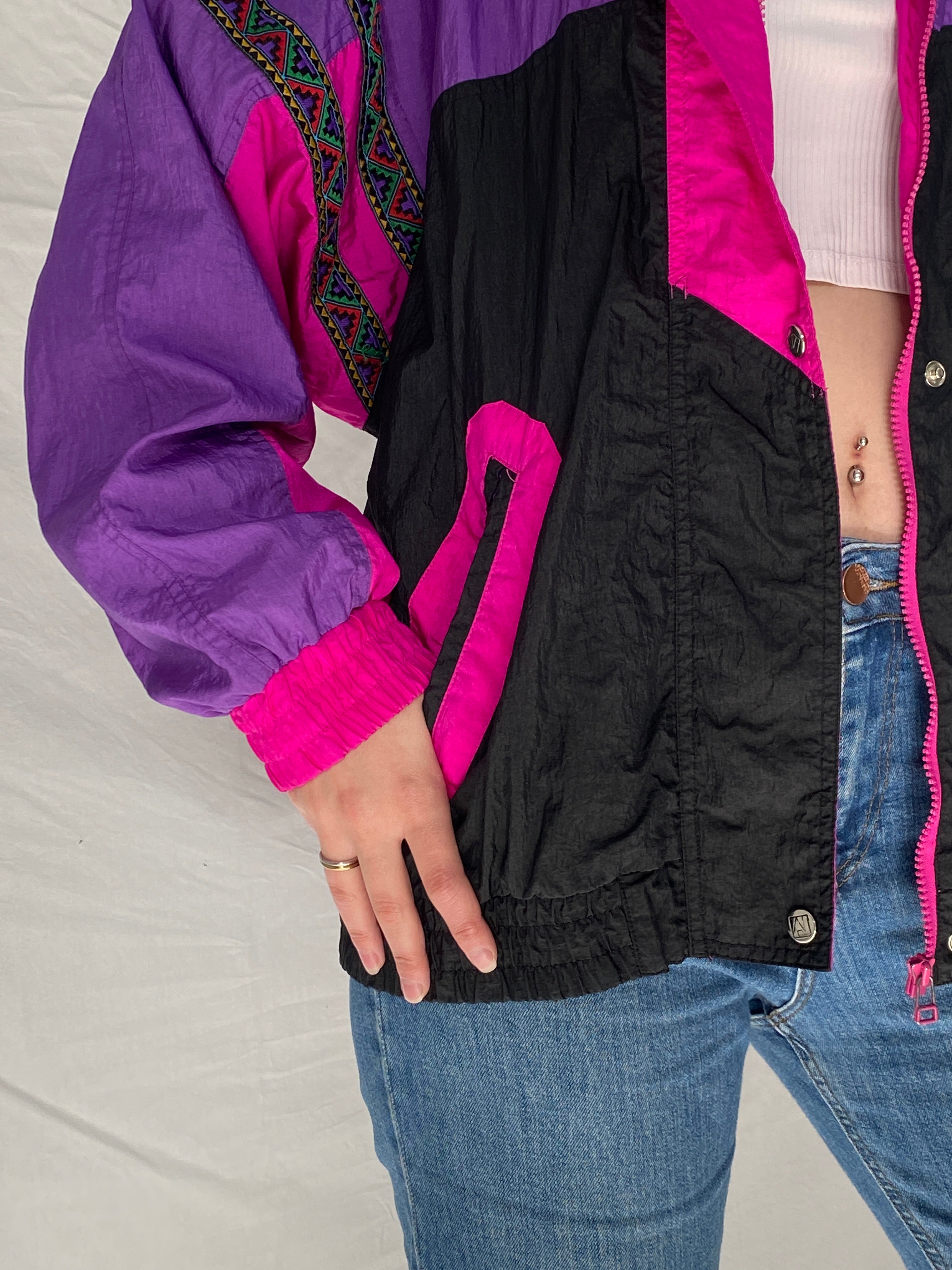 Vintage Andy Johns Colorblock Windbreaker Jacket - 90s Retro Purple Pink Black Oversized Lightweight Track Jacket - L