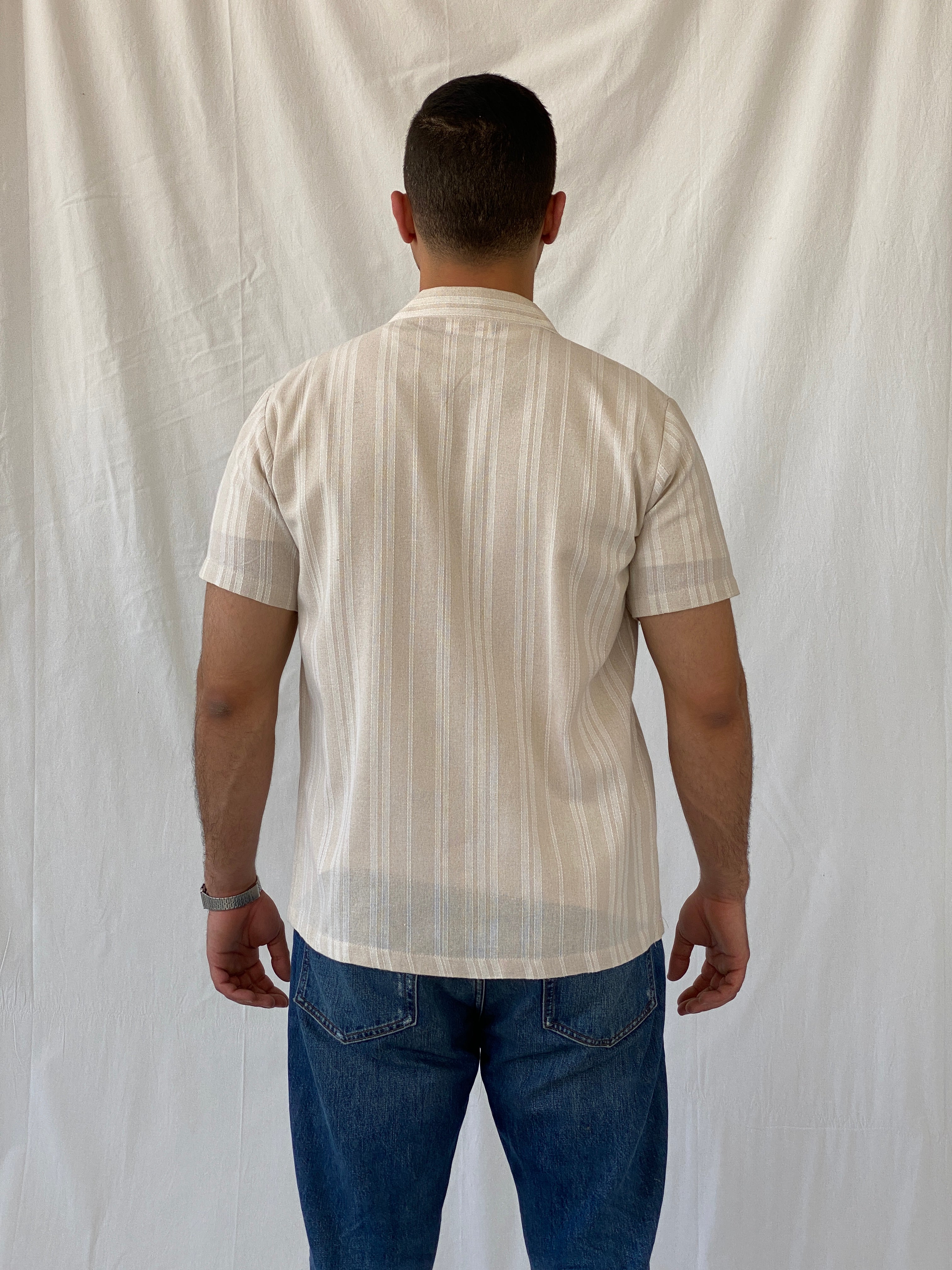 Kana Maru Striped Beige Short Sleeve Button Up Men’s Shirt - M