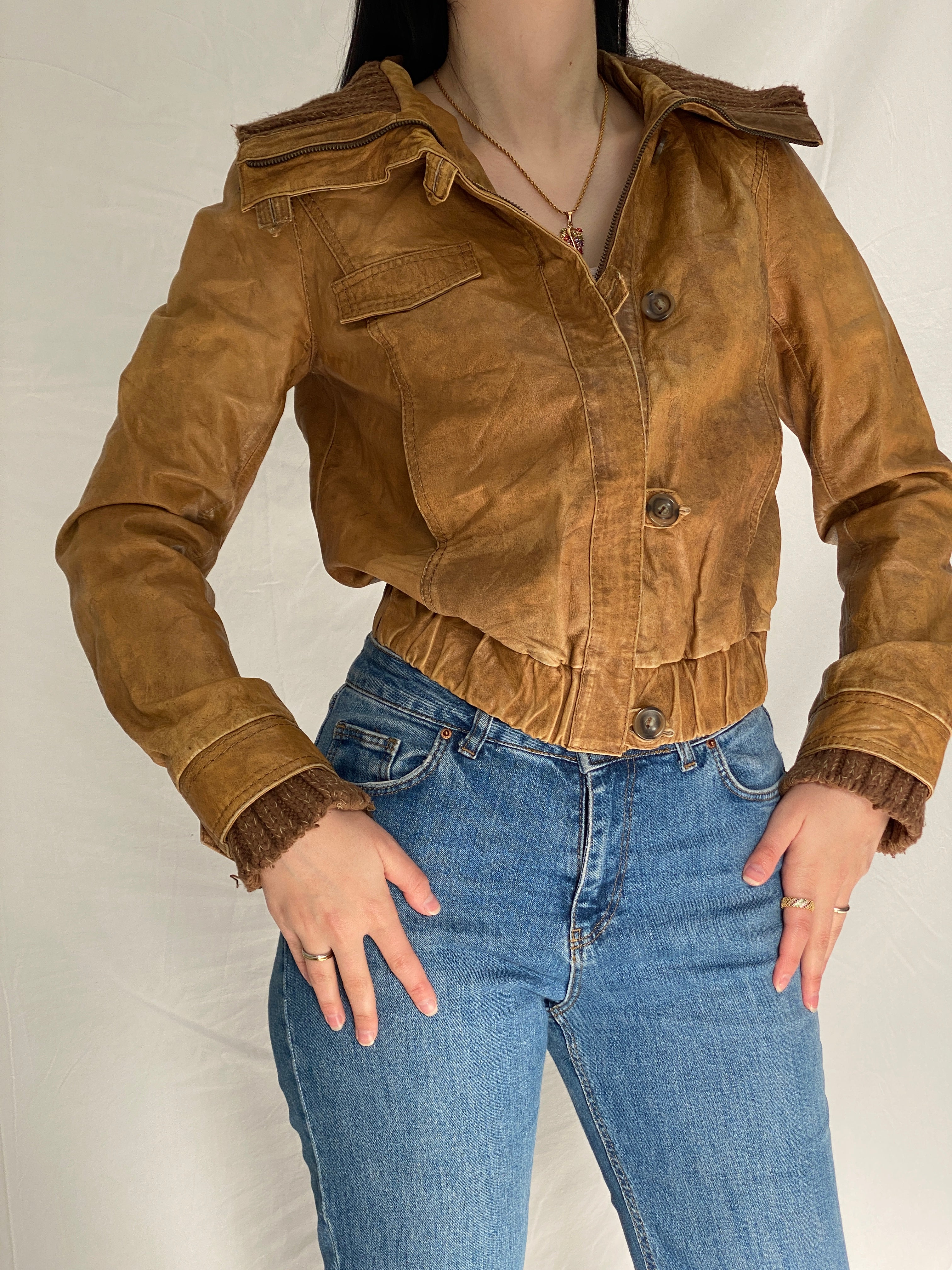 Y2K Jeim Basic Genuine Leather Tan Brown Distressed Cropped Jacket - S