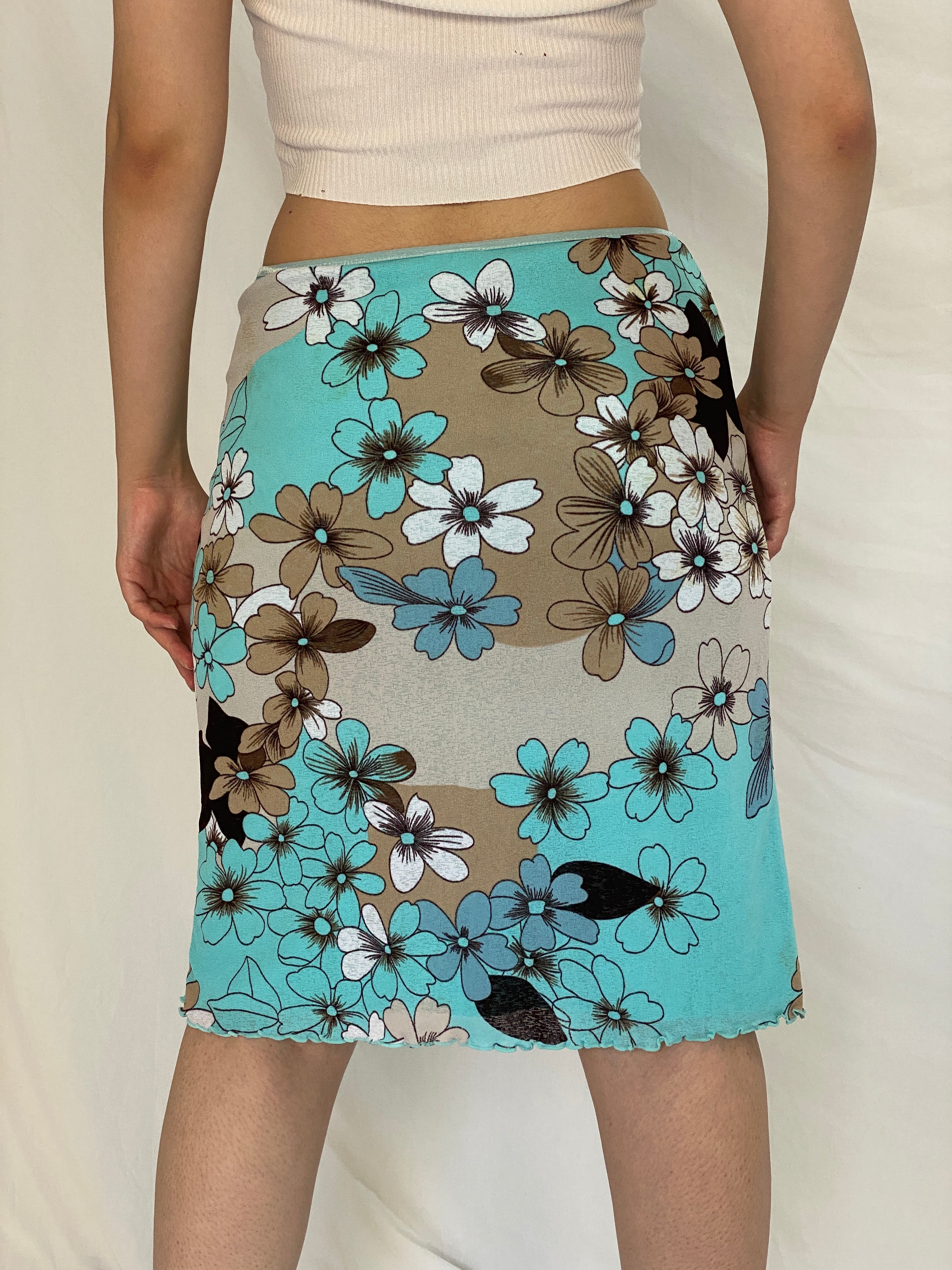 Vintage Y2K Aqua Blue & Beige Floral Print Stretch Midi Skirt - M