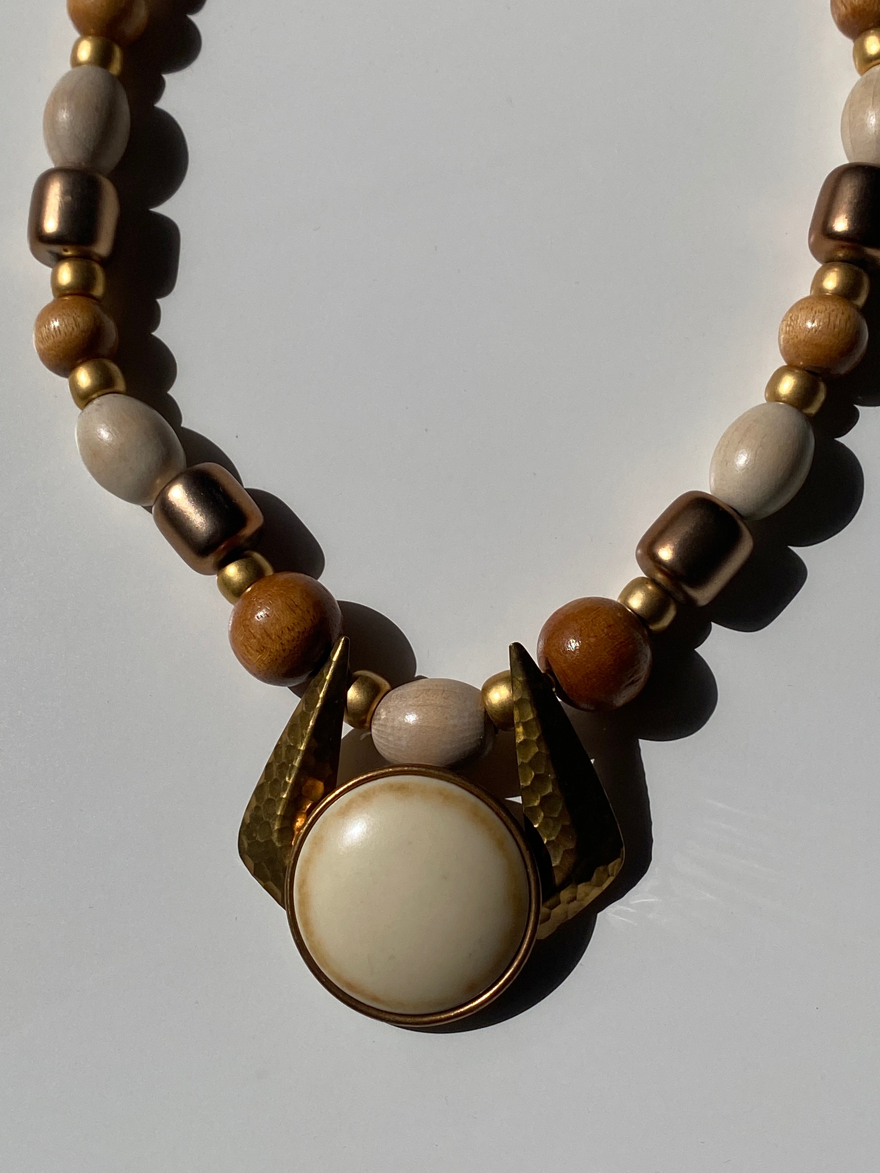 Vintage 90s Wood Bead Statement Necklace – Neutral Tones Gold Accents Pendant Necklace