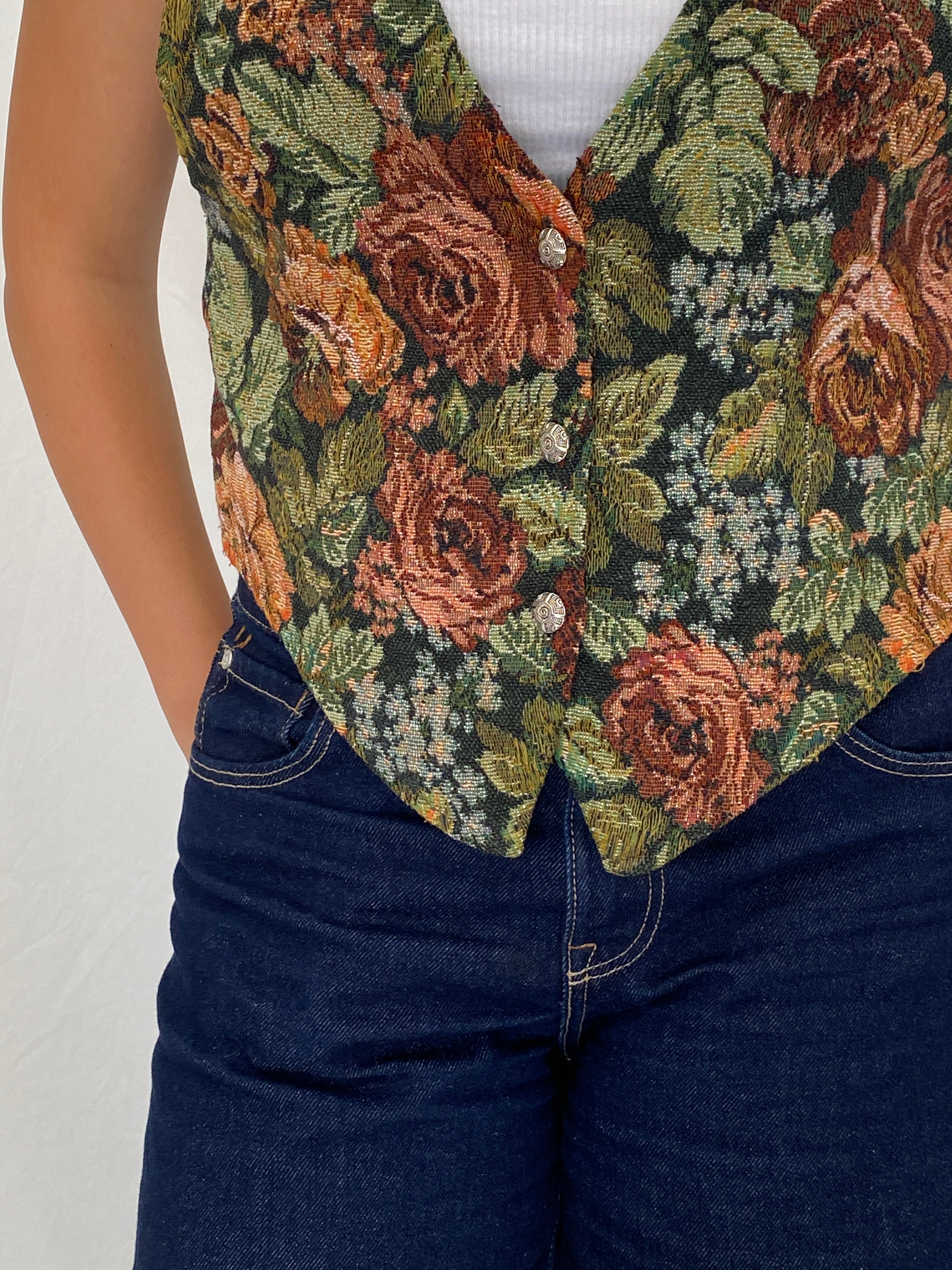 Vintage 90s Floral Tapestry Vest Green Rose Gobelin Waistcoat – L