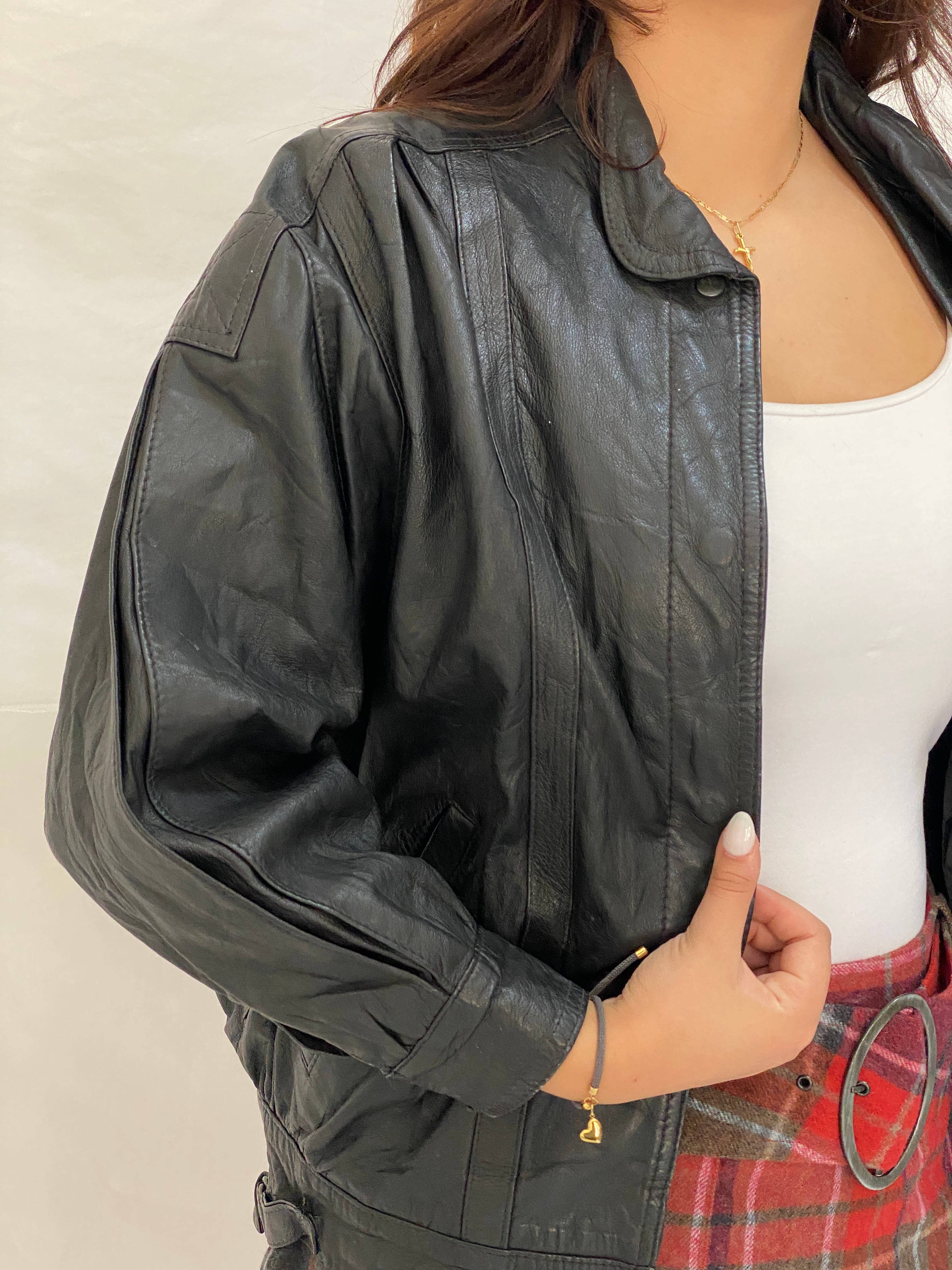 Vintage Black Genuine Leather Bomber Jacket - 90s Oversized Clip Front Moto Style - S