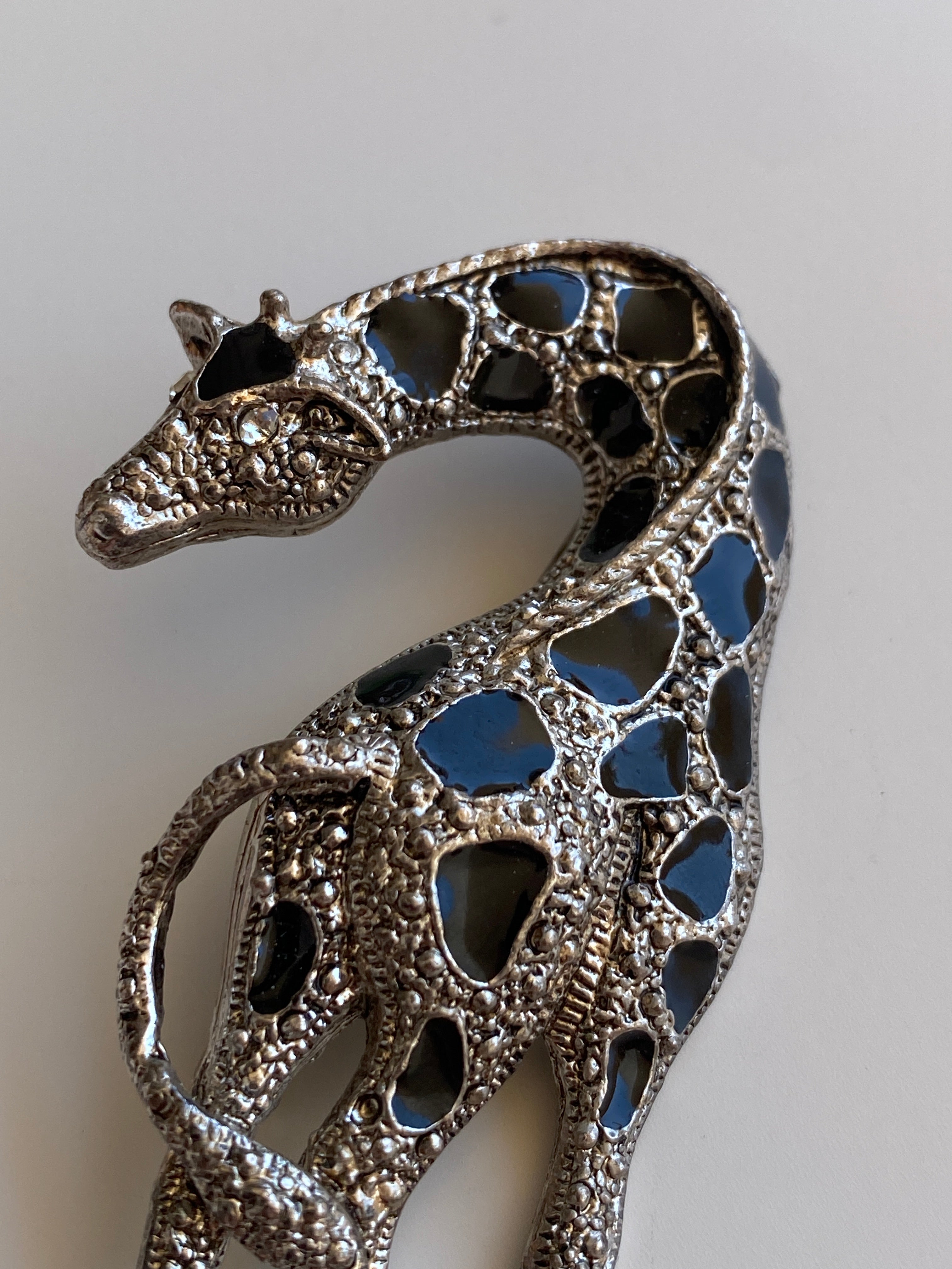 Vintage Silver-Tone Black Enamel & Rhinestone Giraffe Brooch