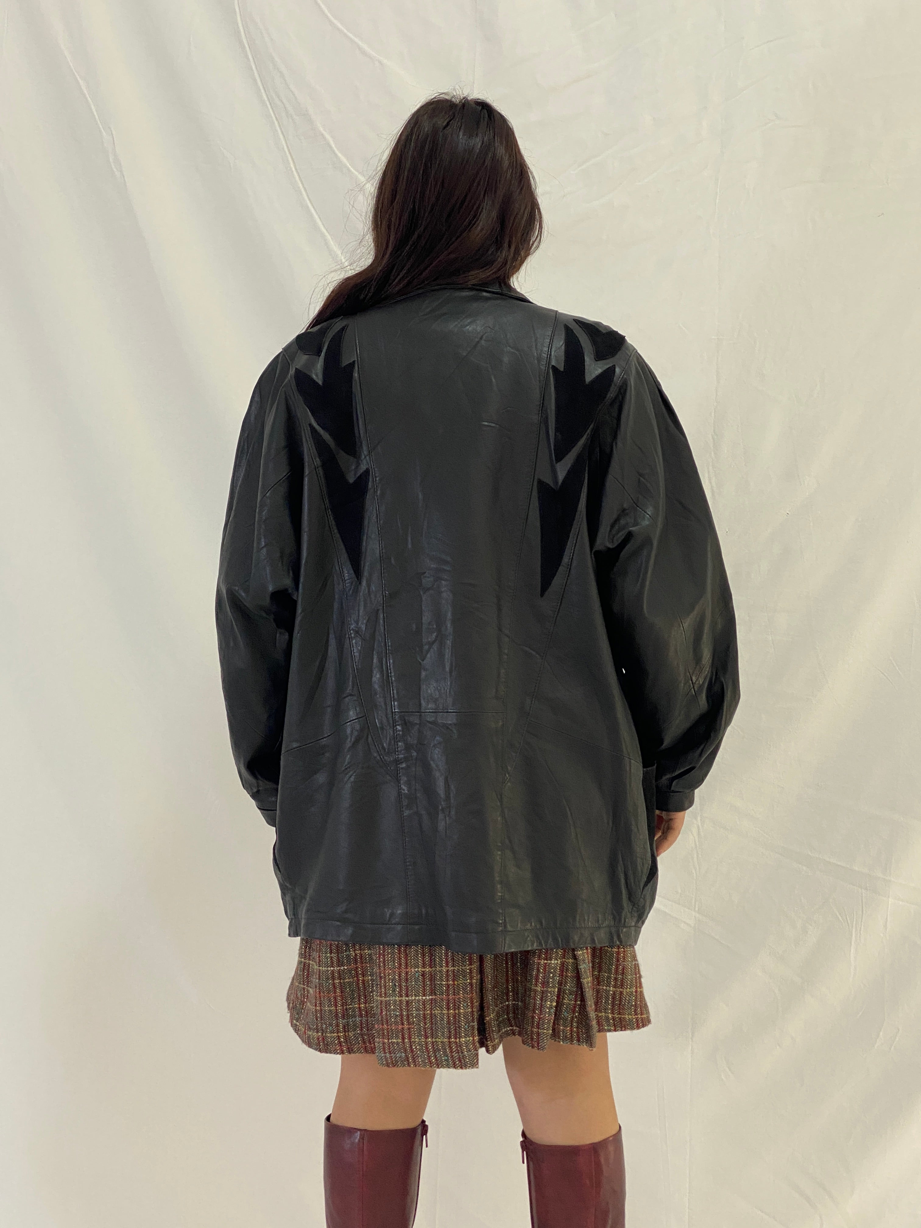Vintage Oversized Fit Ferpele Black Leather Coat with Graphic Panel Details - M