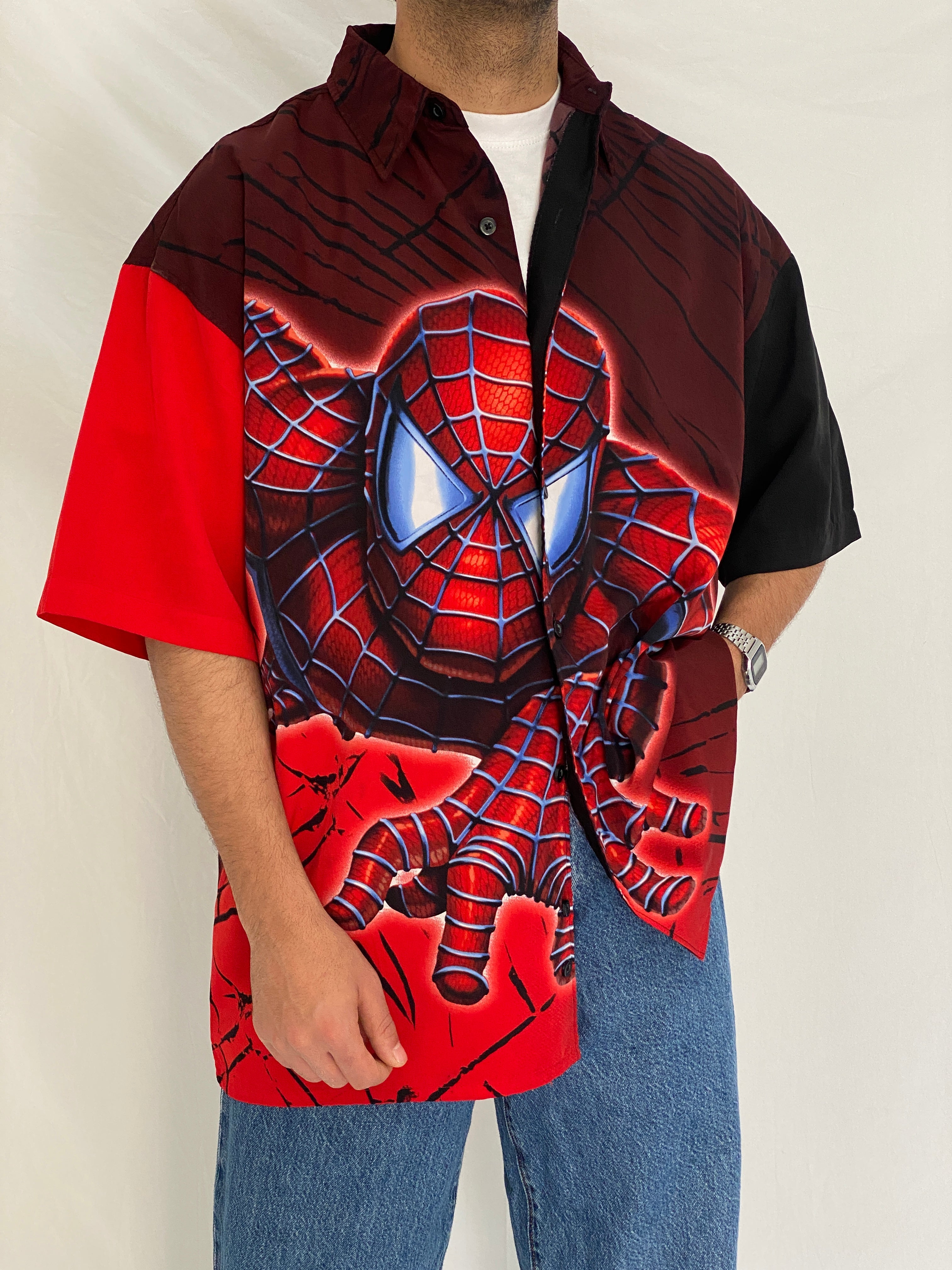 Vintage Y2K Spider-Man Graphic Button Up Red & Black Comic Shirt – L