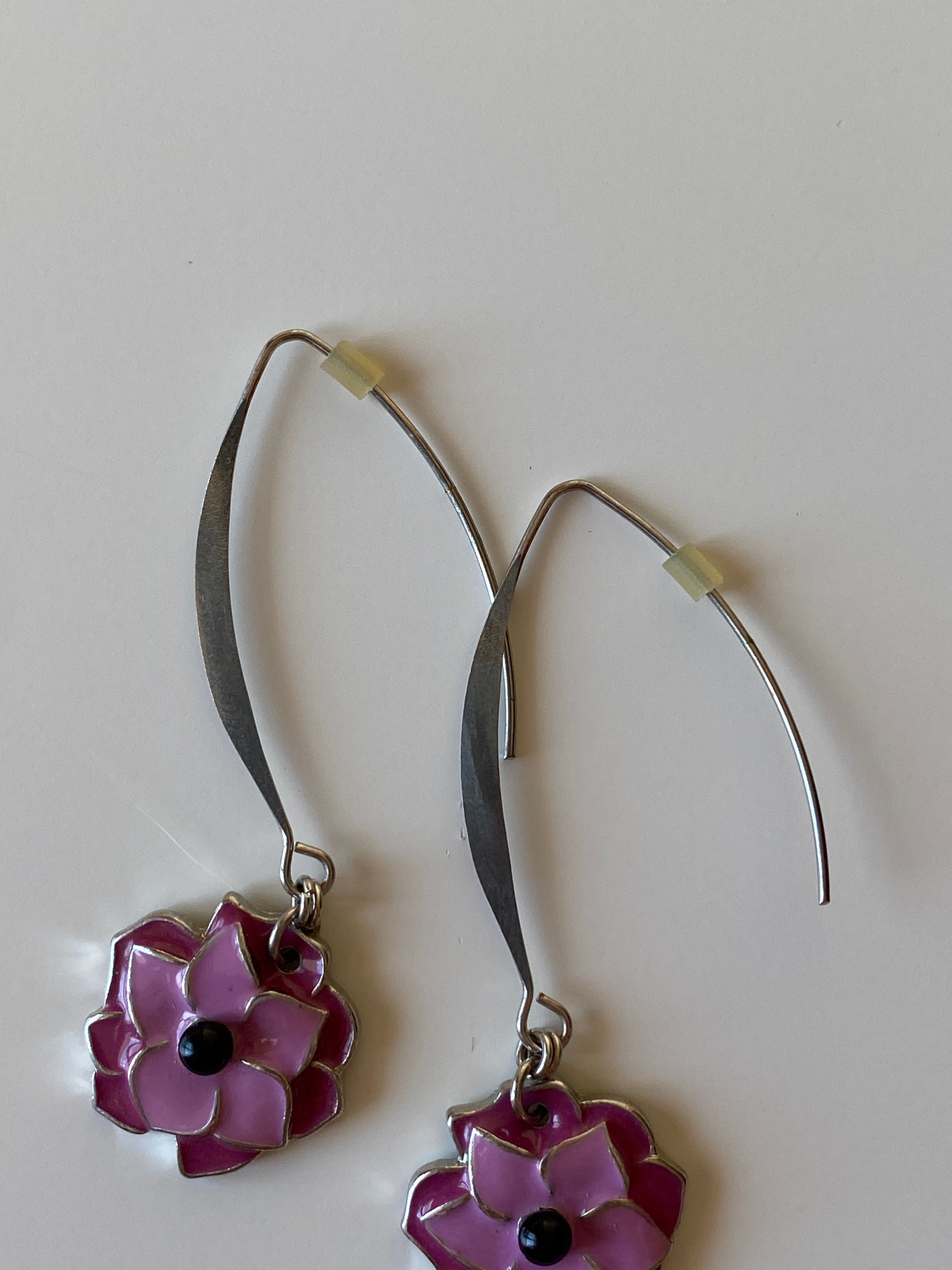 Vintage Enamel Flower Drop Earrings - Pink & Purple Floral Dangle