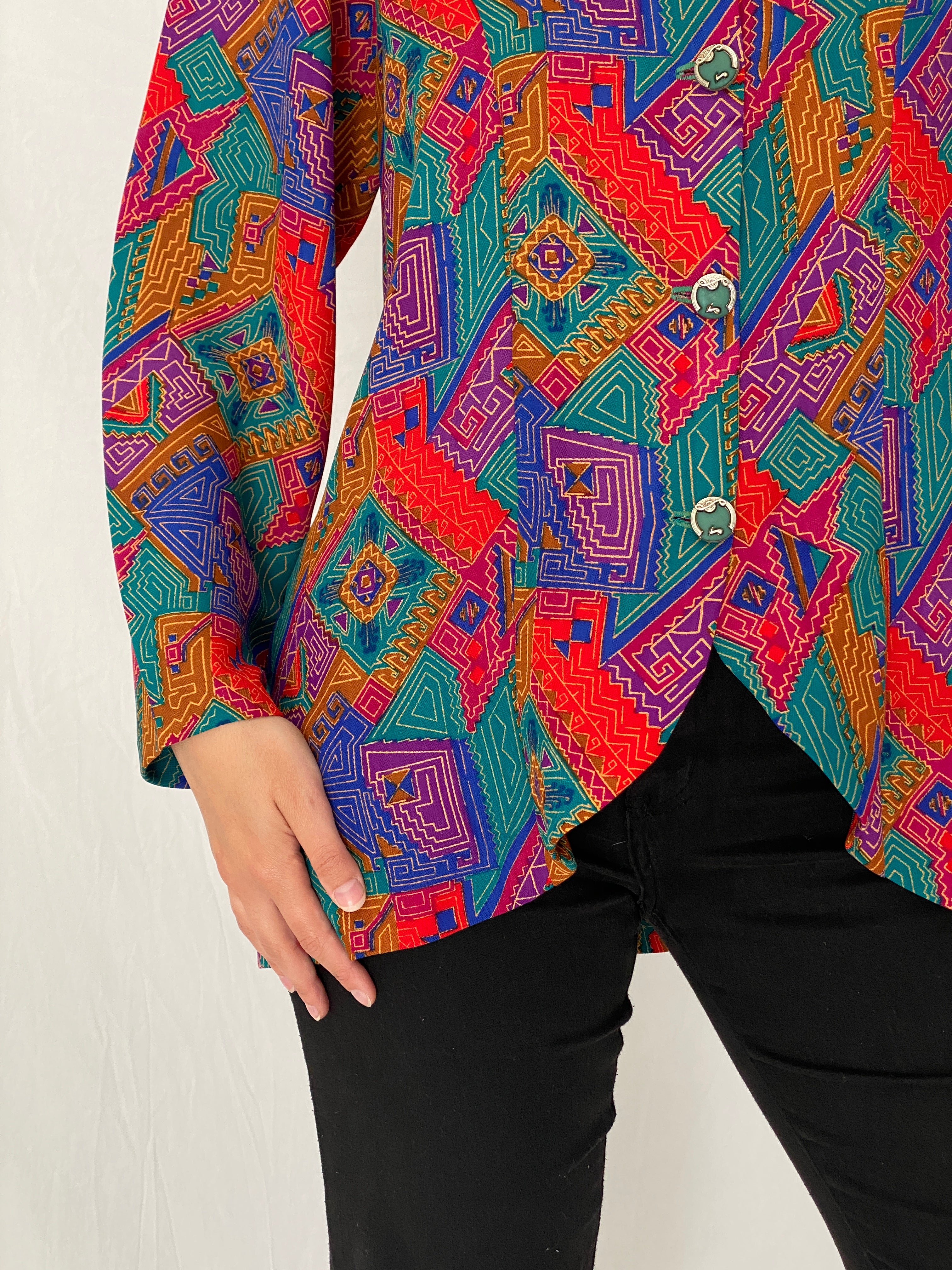 Vintage 90s Handmade Tribal Pop Statement Blazer Multicolor Geometric Art Jacket – L