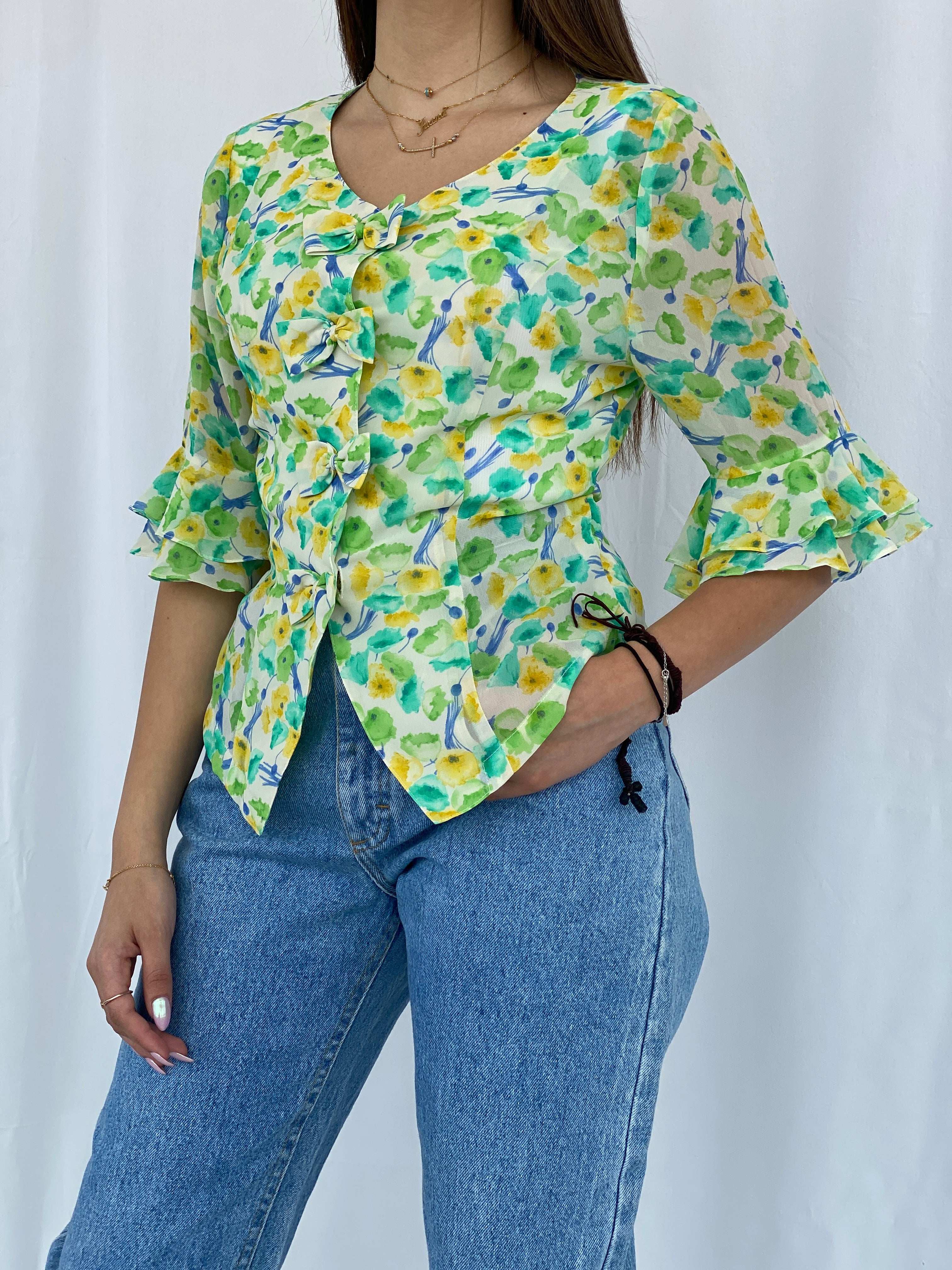 Vintage Floral Green and Yellow Shirt Size S
