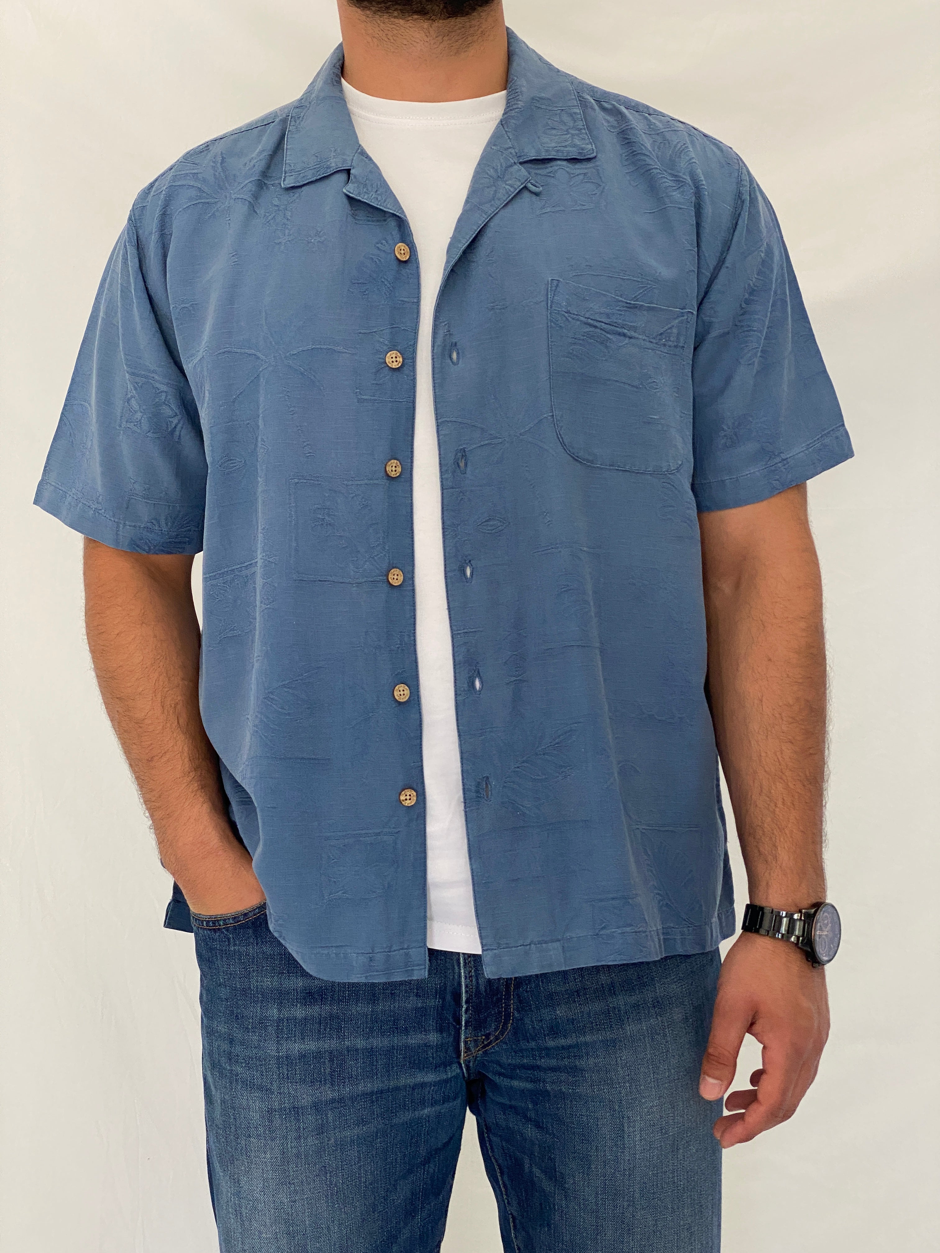 Vintage Batik Bay Blue 100% Silk Hawaiian Camp Jacquard Shirt – XL