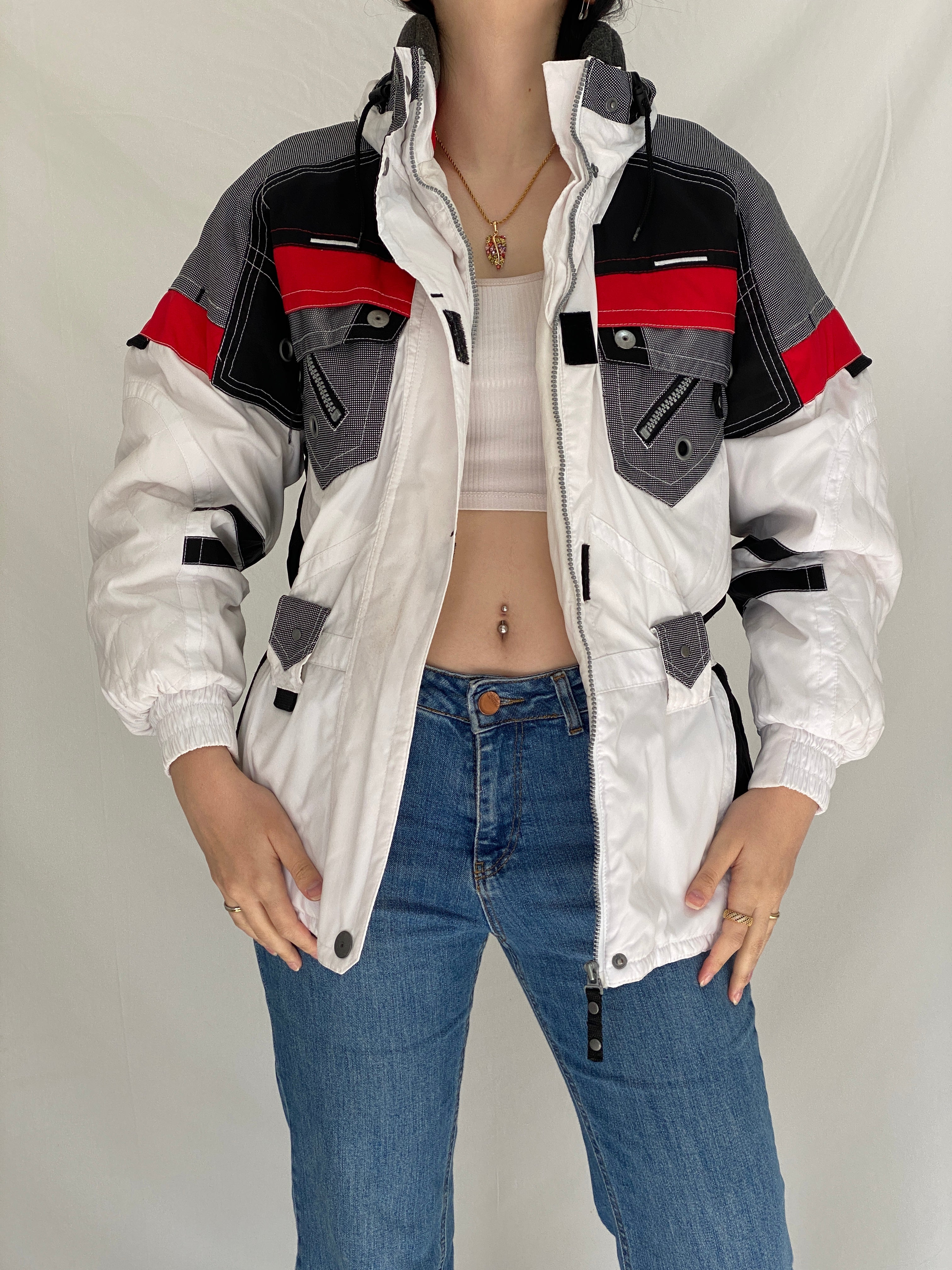 Vintage 90s Rodeo Colorblock Ski Jacket Retro White Black Red Windbreaker - S