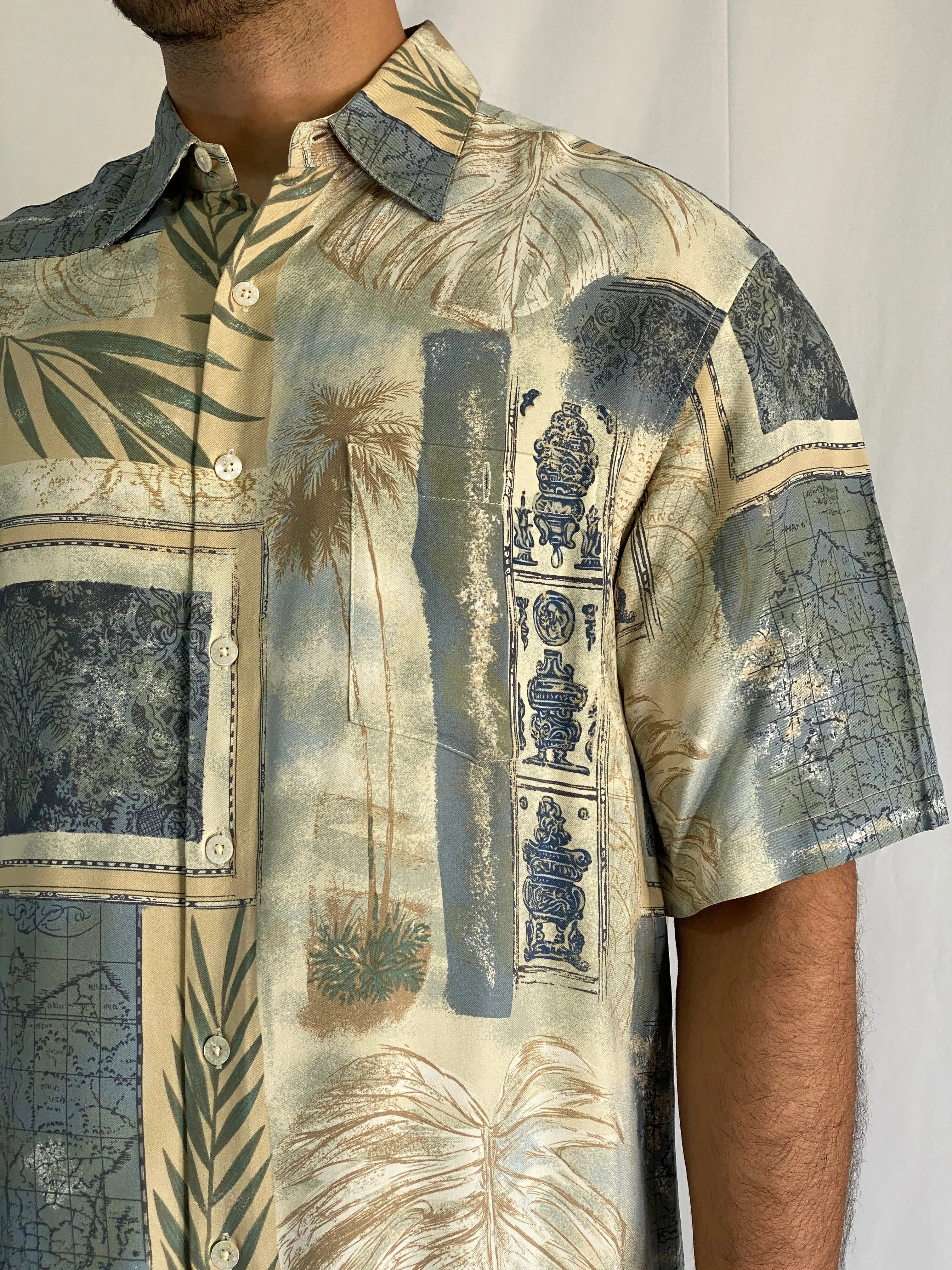 Vintage Tori Richard Silk Hawaiian Palm & Map Print Men’s Shirt - L