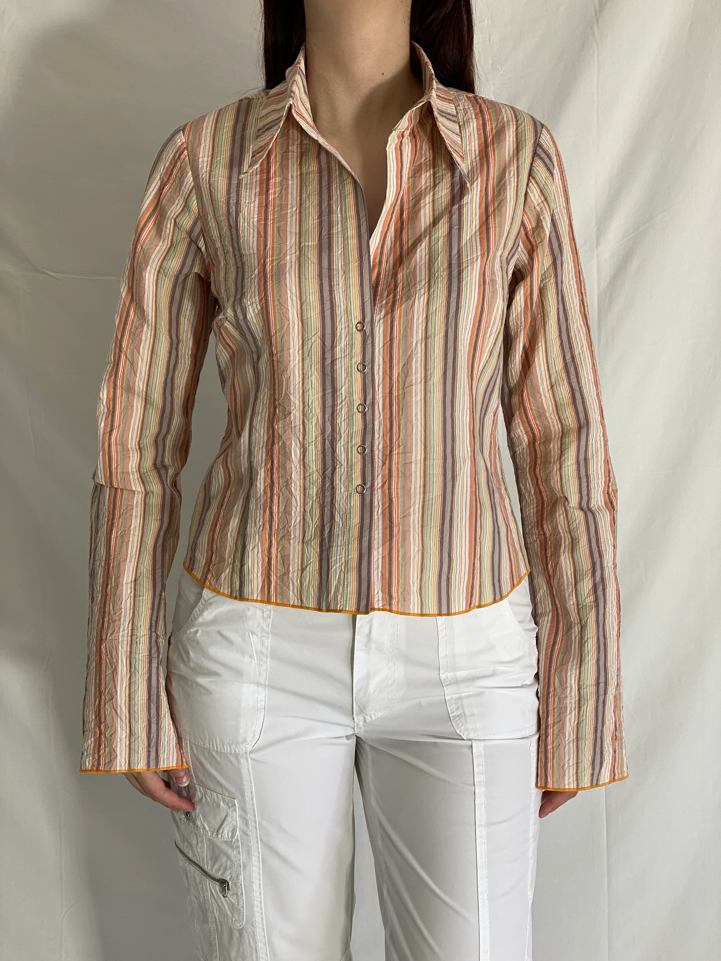 قميص مخطط بأزرار من الطراز القديم Y2K، متعدد الألوان، بأكمام طويلة، قميص مخطط للمكتب - مقاس L