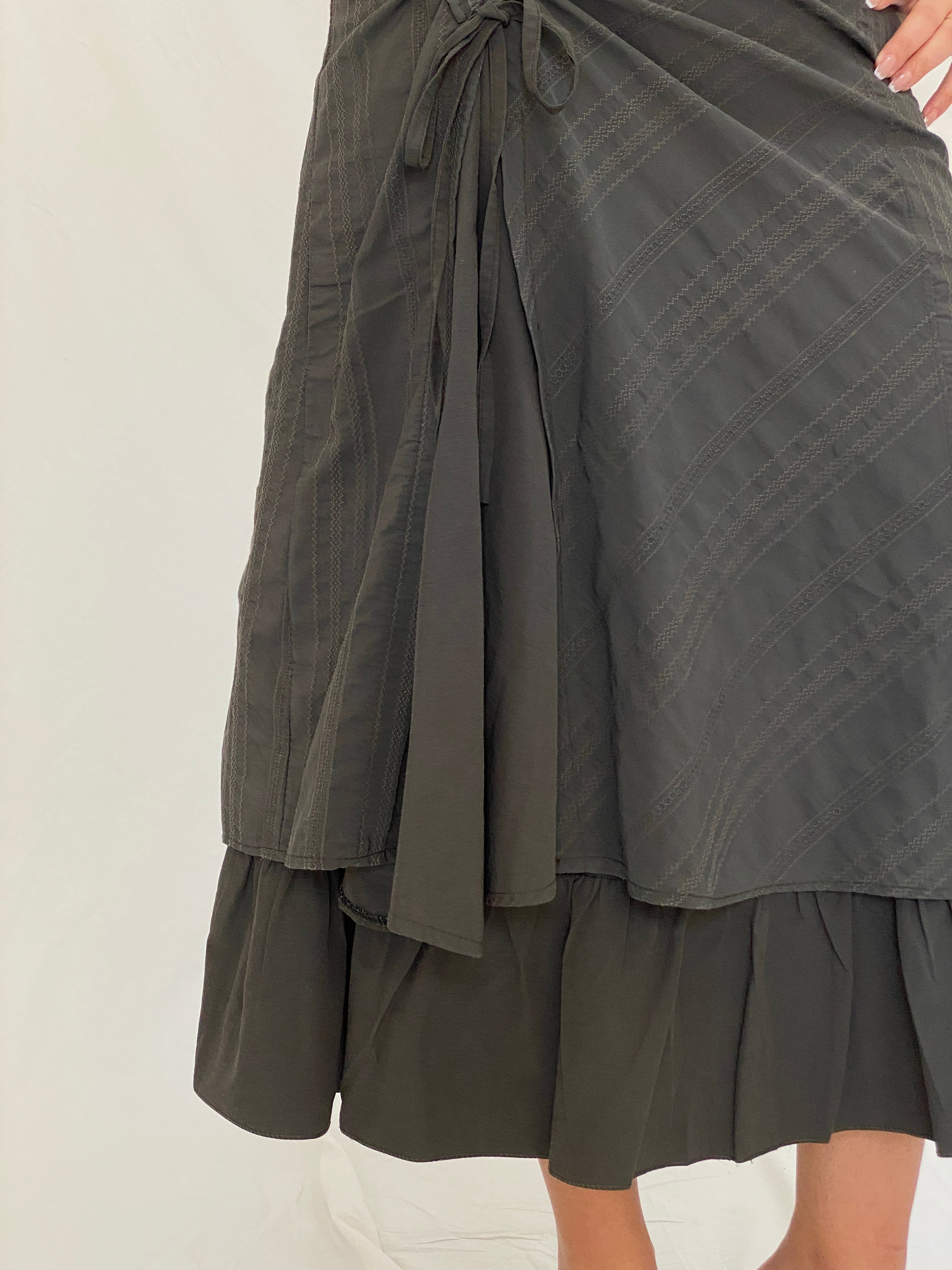 Y2K Whimsigoth Olive Green Ruched Layered Utility Midi Skirt – L