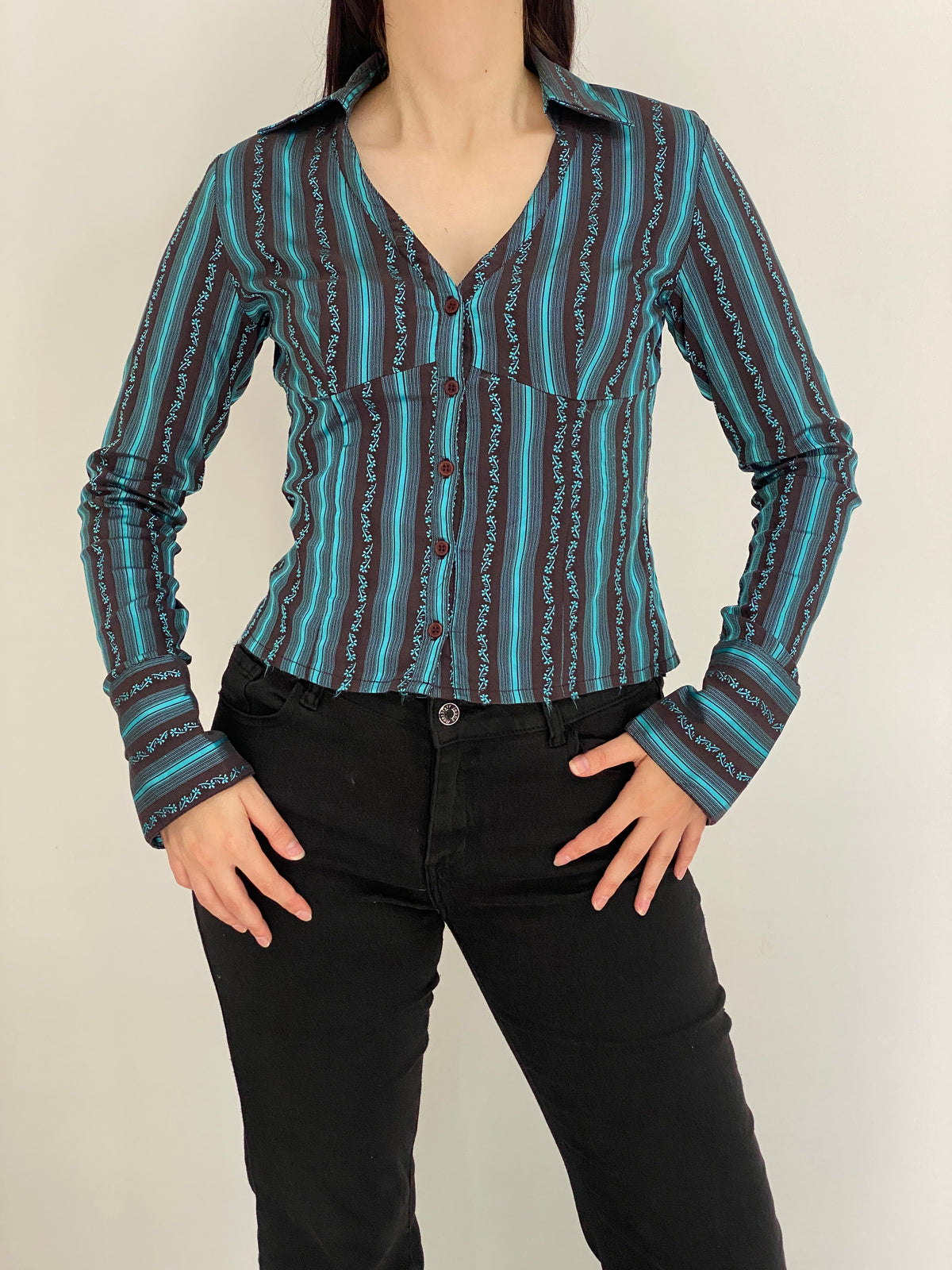 Vintage Y2K Style Turquoise & Brown Striped Fitted Button-Up Shirt - M