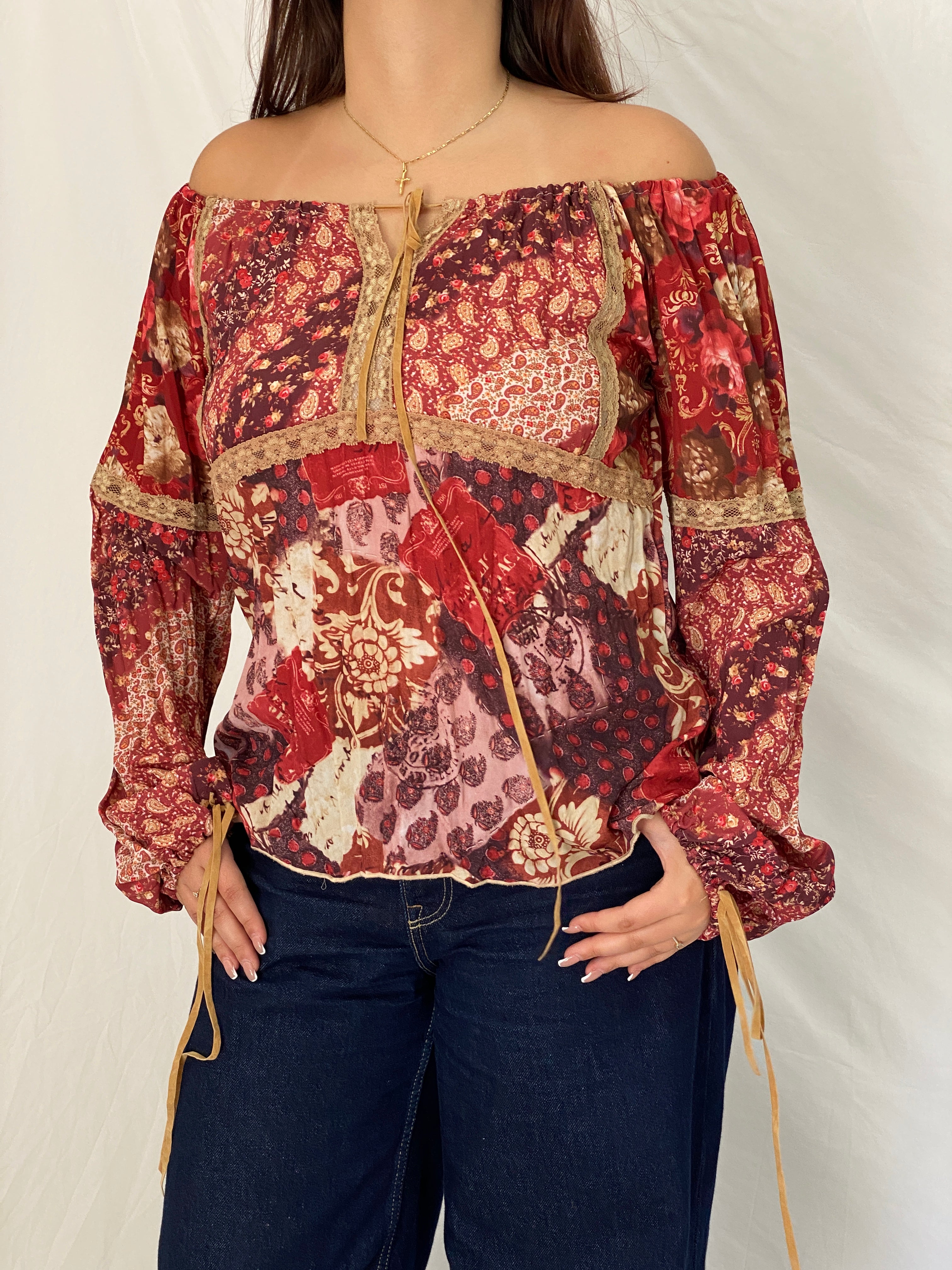 Vintage Y2K Fresh Wear Burgundy Patchwork Cottagecore Peasant Blouse - M