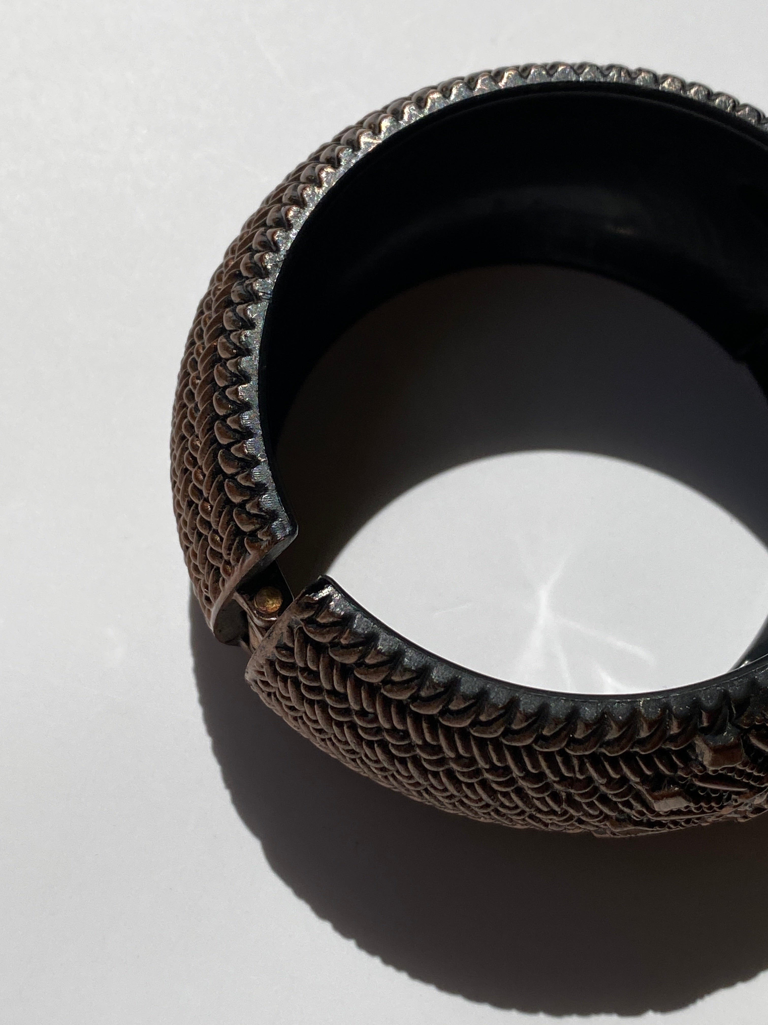 Vintage Copper Tone Embossed Lightweight Hinged Statement Cuff Bracelet