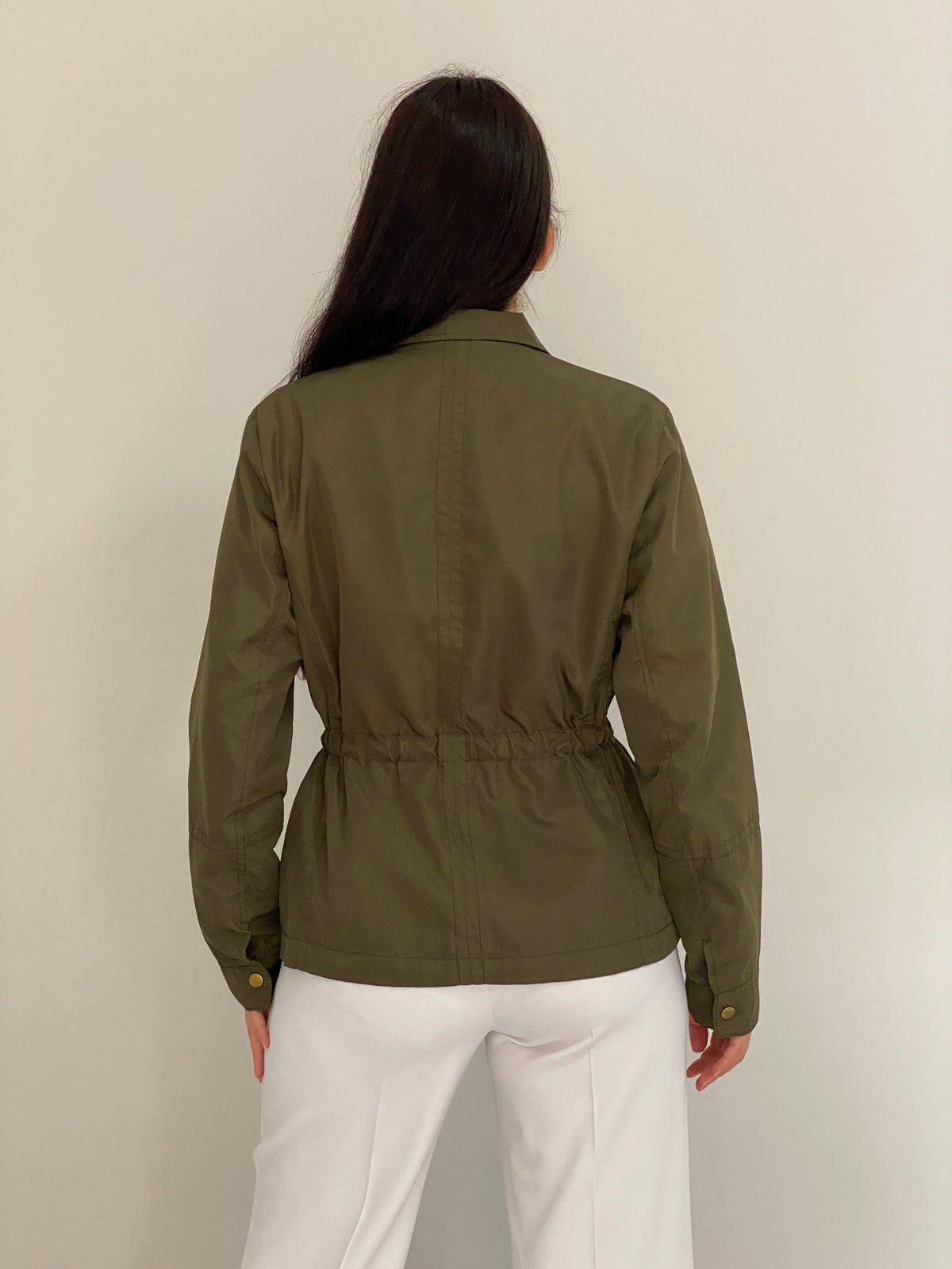 Vintage Y2K Ellos Olive Green Utility Jacket with Drawstring Waist - L