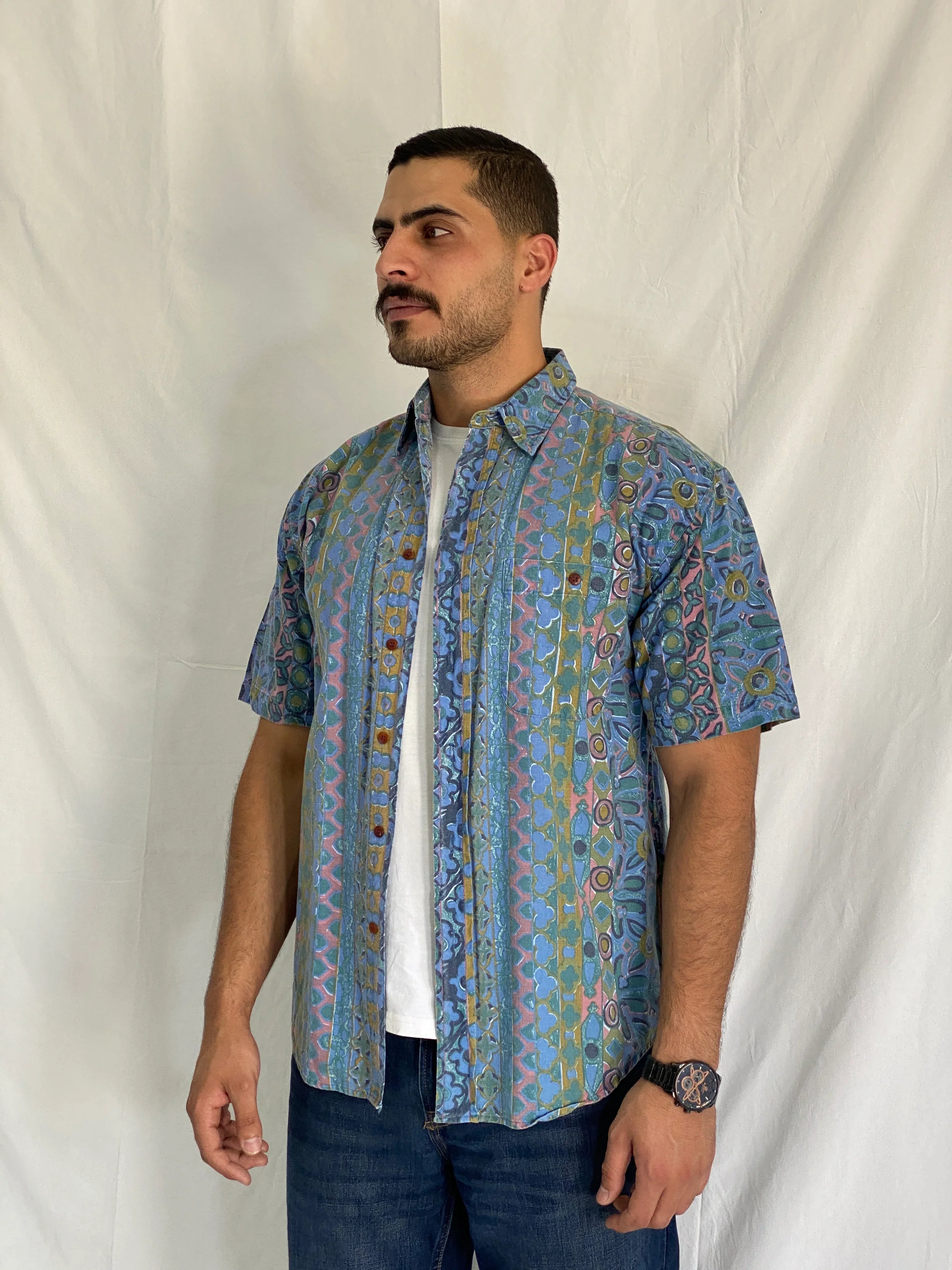 Vintage BADGE Short Sleeve Cotton Blue Geometric Print Shirt - M