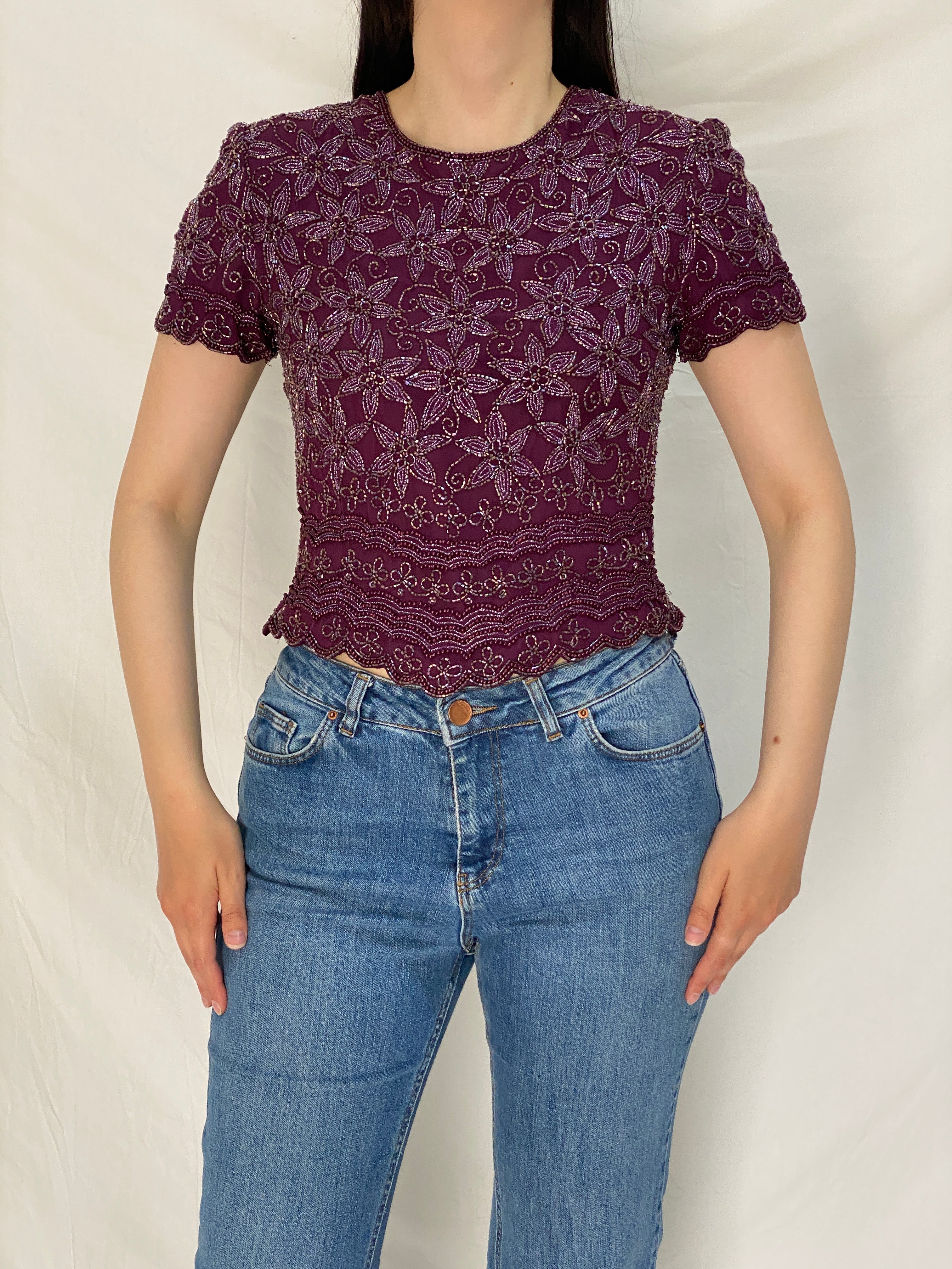 Vintage Adrianna Papell Beaded Silk Top Purple Floral Sequin Mesh Y2K Evening Party Top - S
