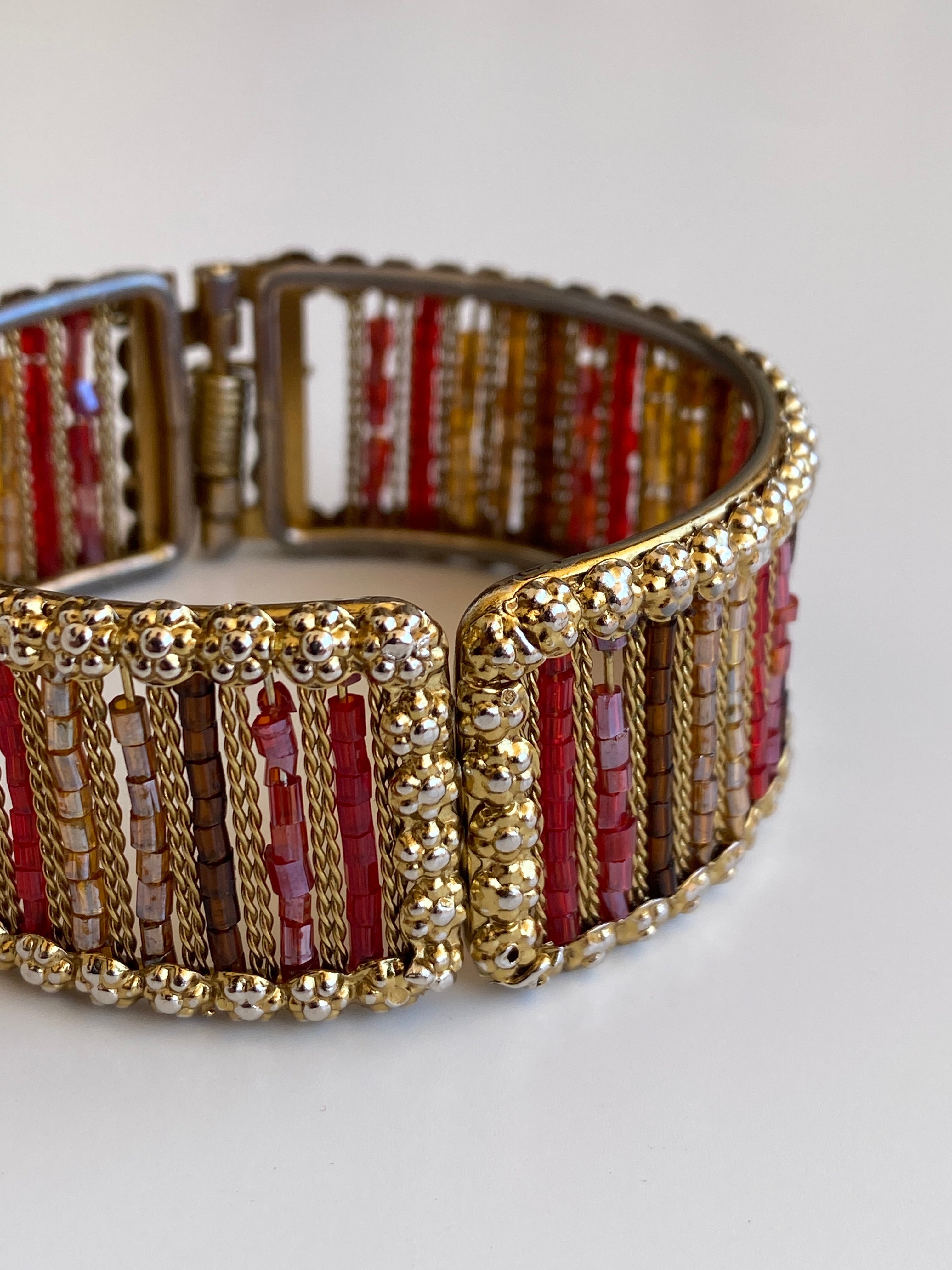 Vintage Gold-Tone Red & Amber Beaded Hinged Cuff Bracelet