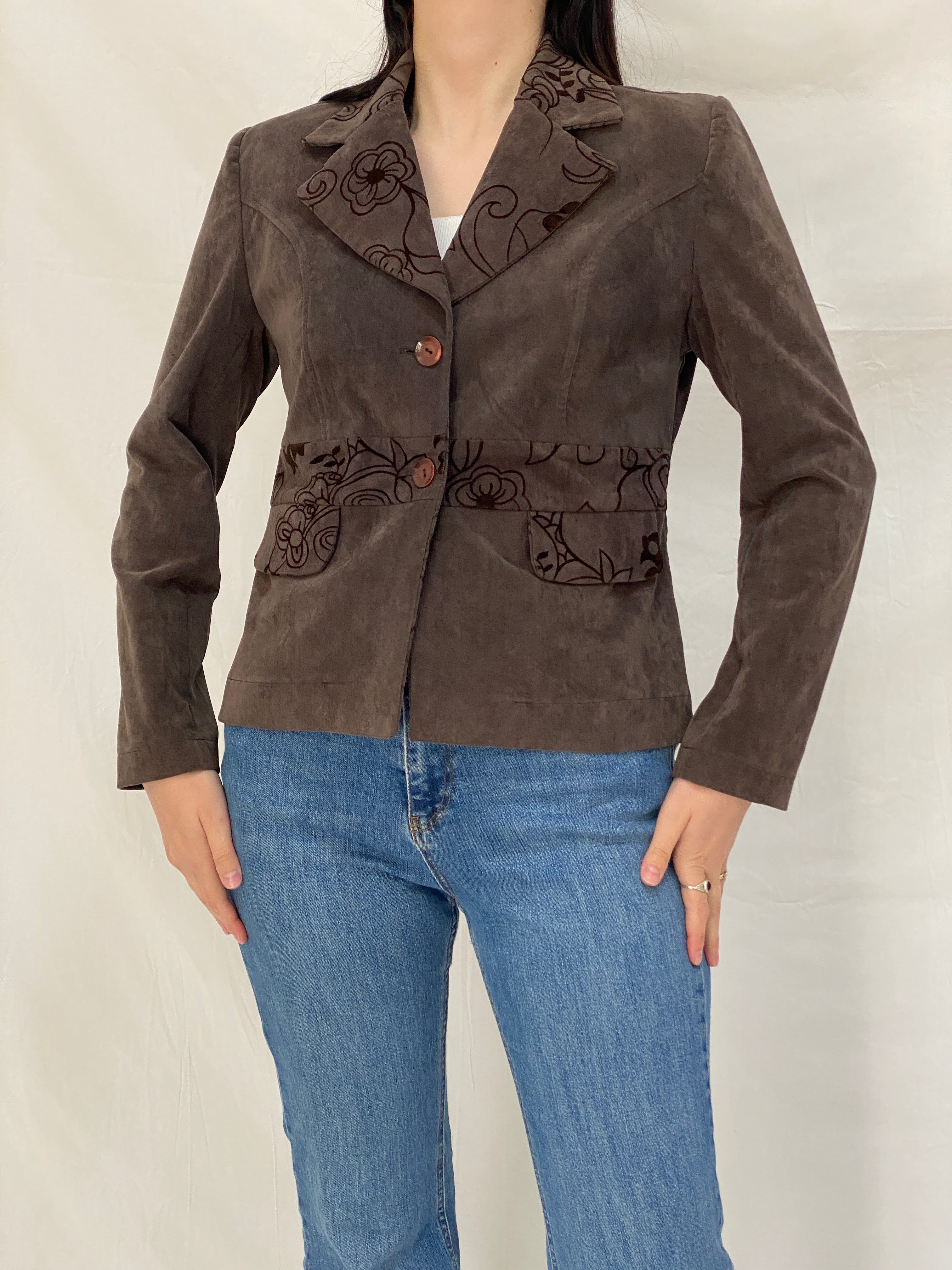 Vintage 90s Brown Textured Floral Blazer Jacket - M